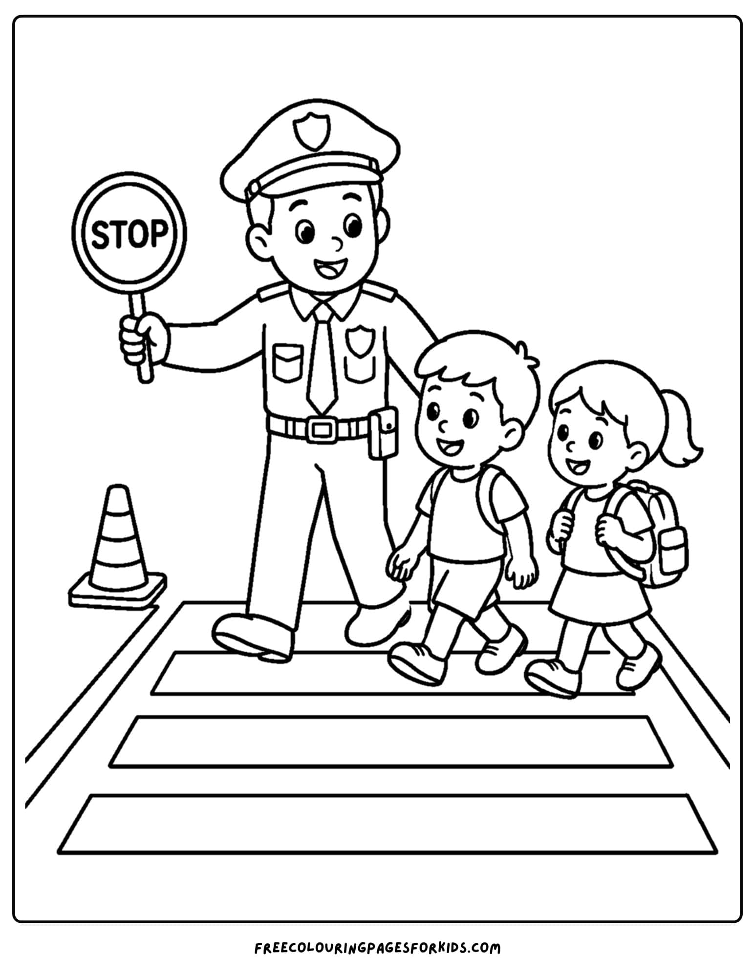 a coloring page of a police officer working as a crossing guard