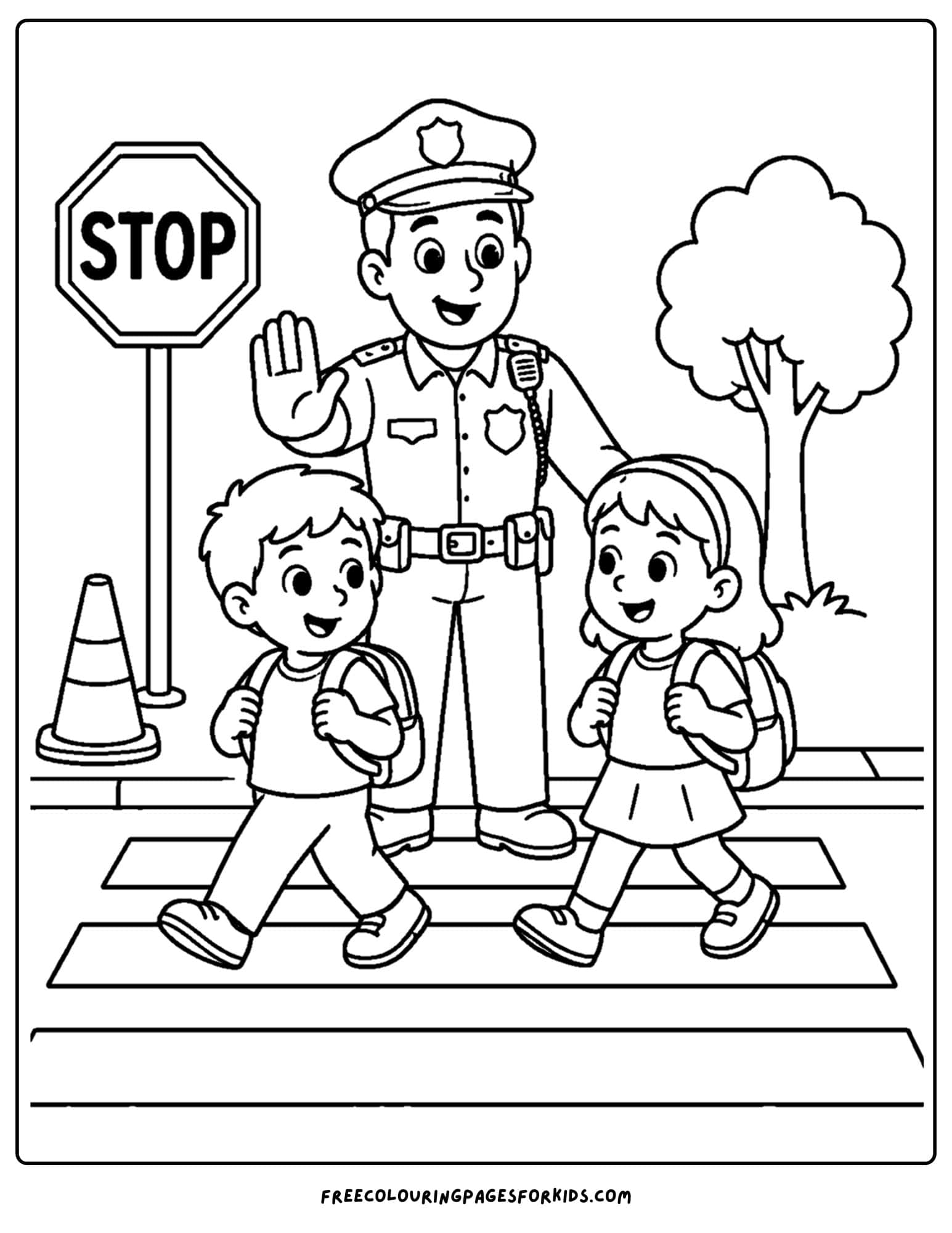 a coloring page of a police officer helping at the crosswalk