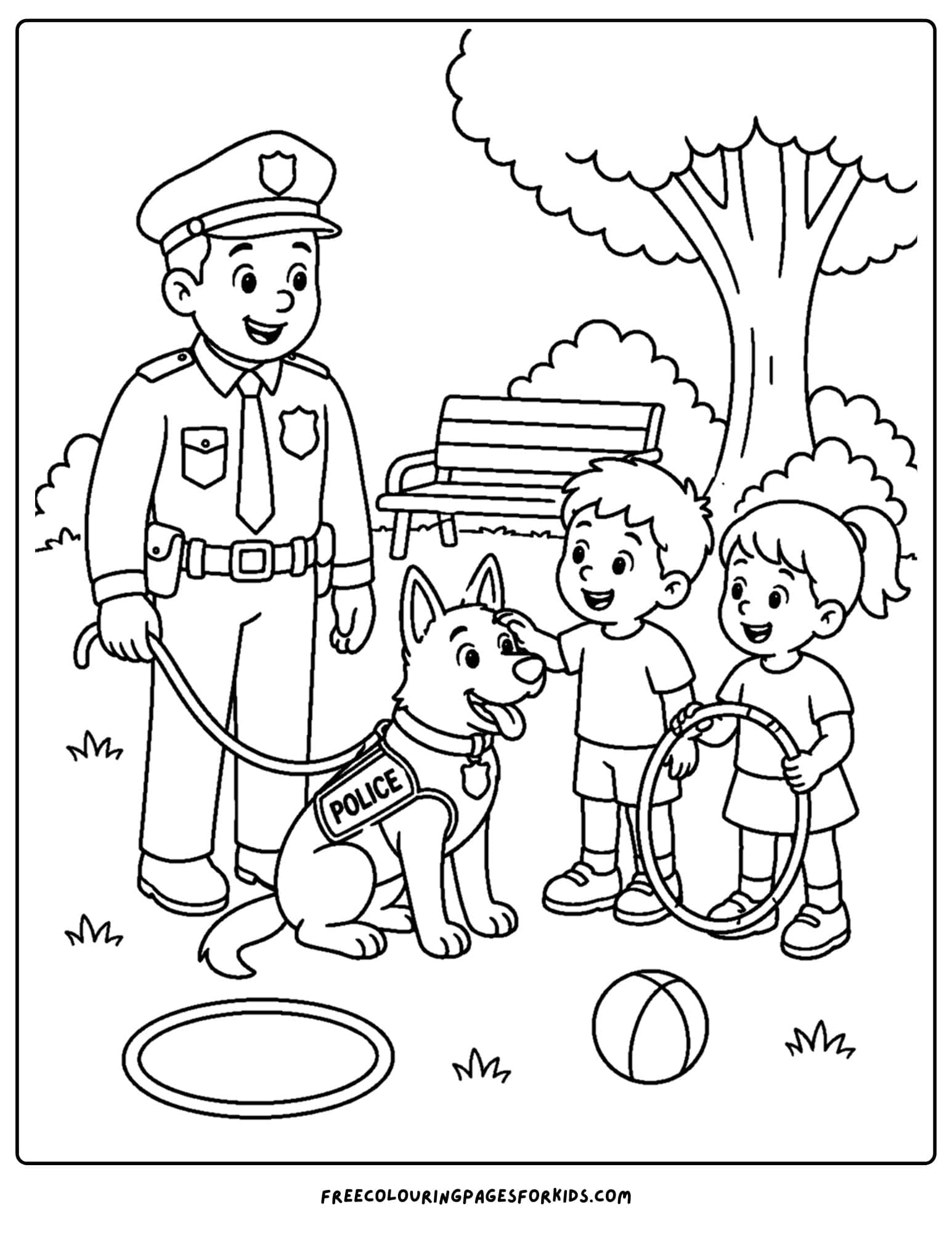 a coloring page of a police officer with a police dog in the park