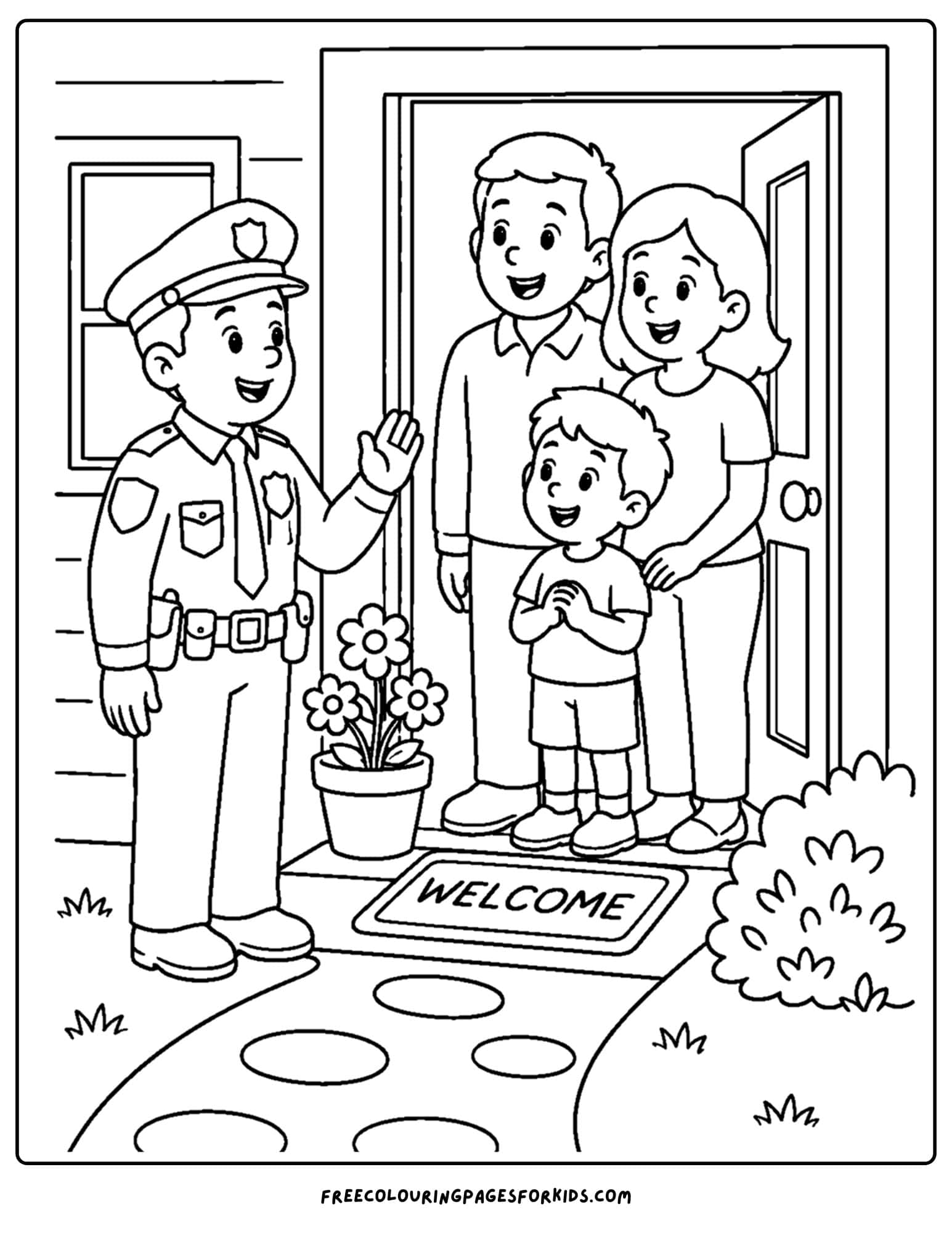 a coloring page of a police officer doing a friendly door knock
