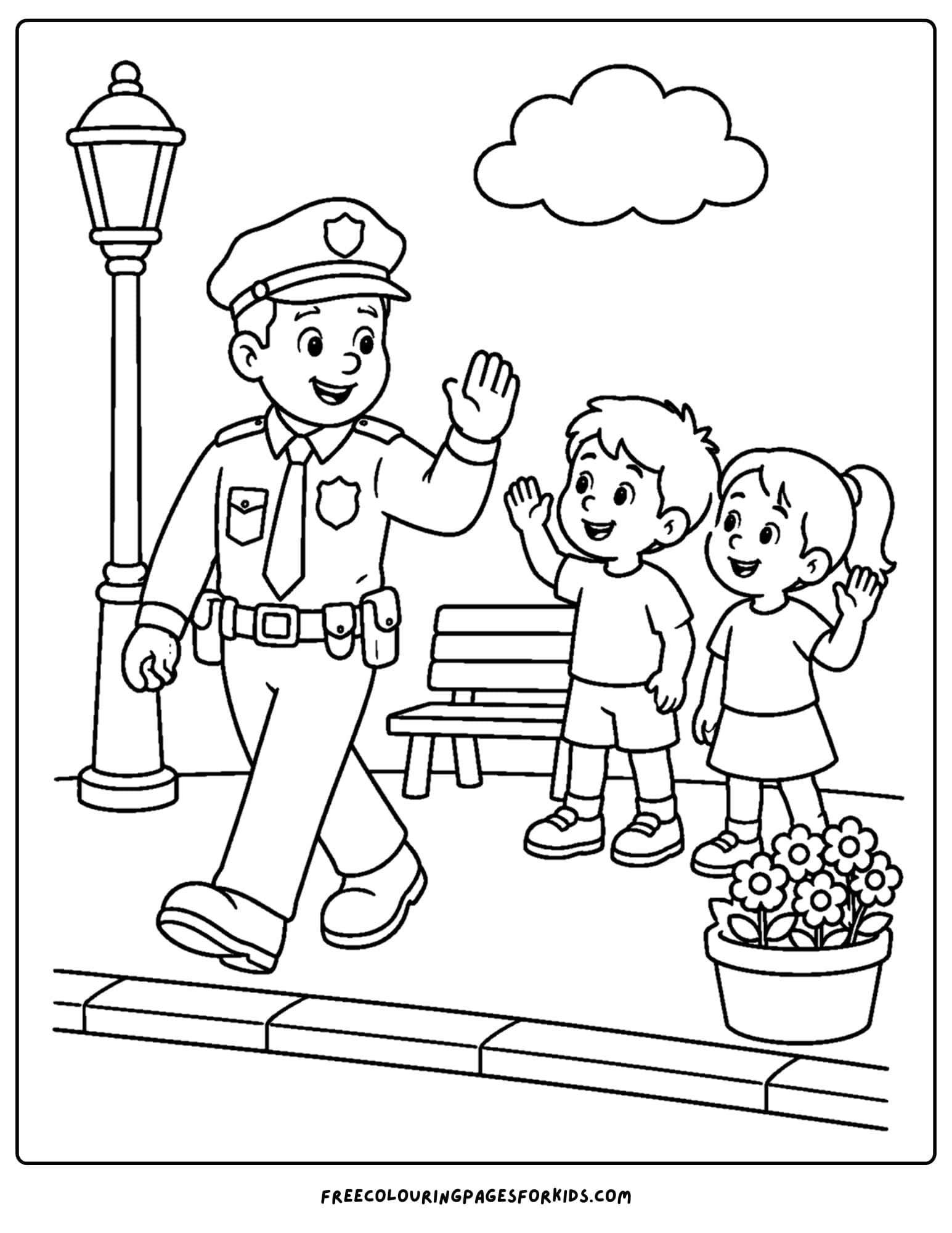 a coloring page of a police officer waving while out on patrol