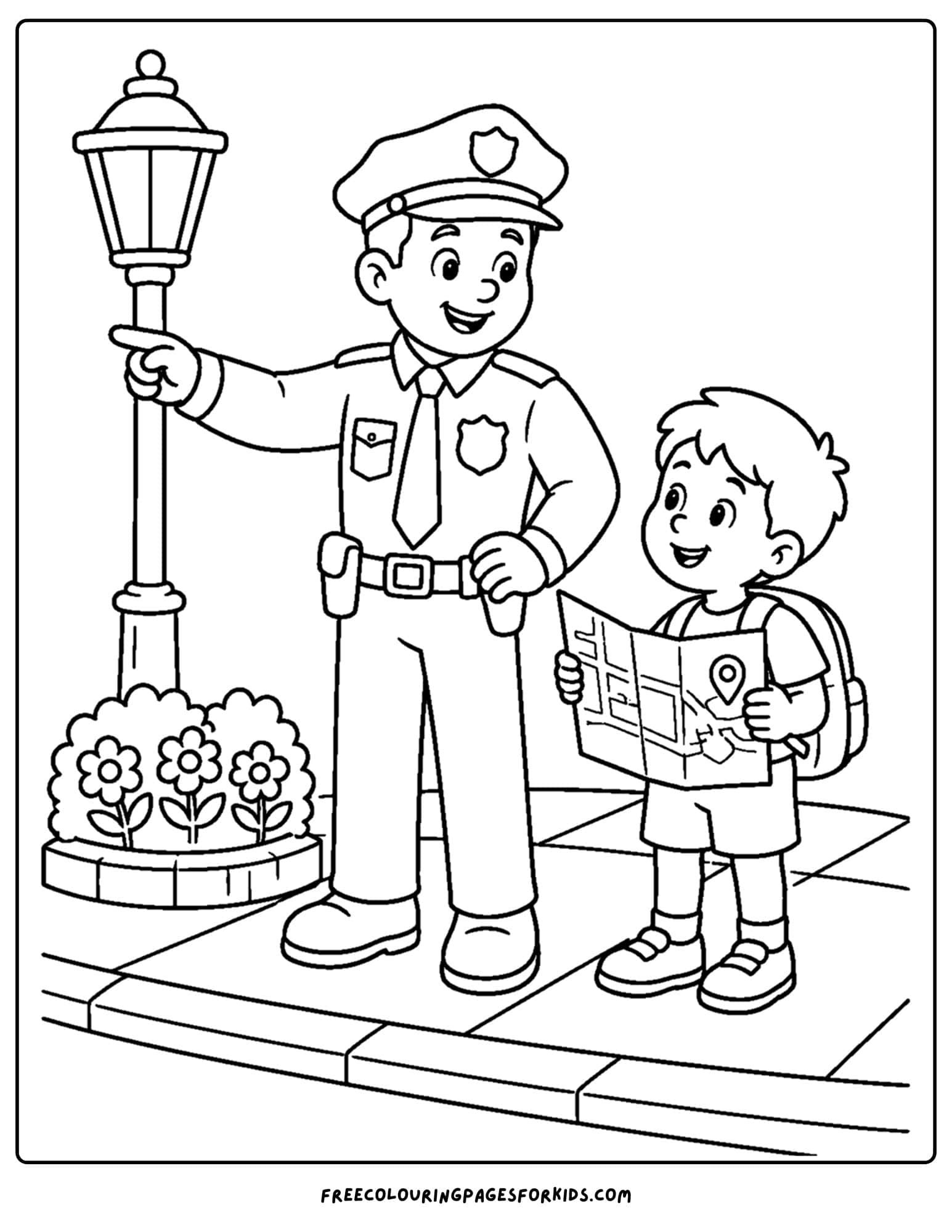 a coloring page of a police officer giving directions