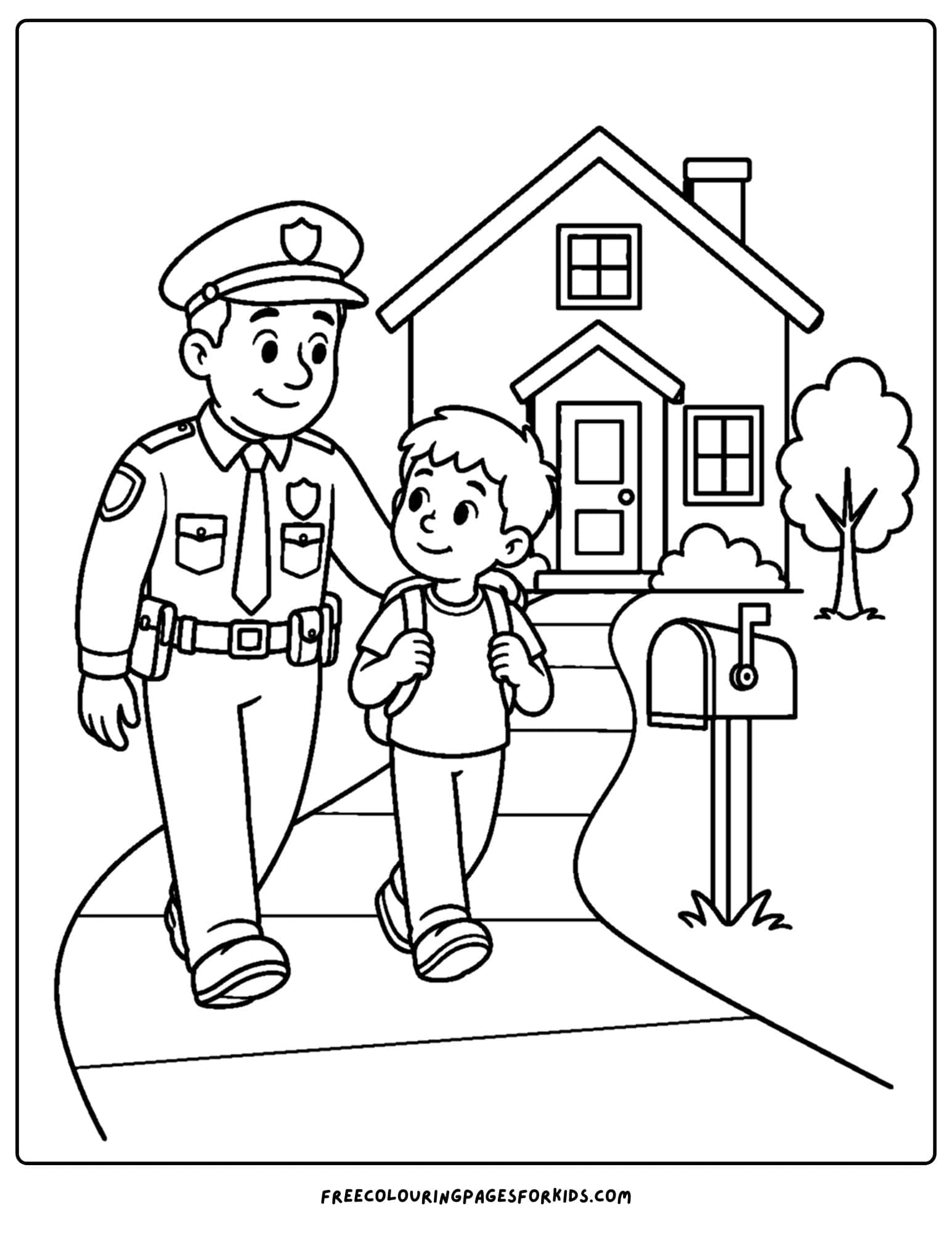 a coloring page of a police officer helping a child get home