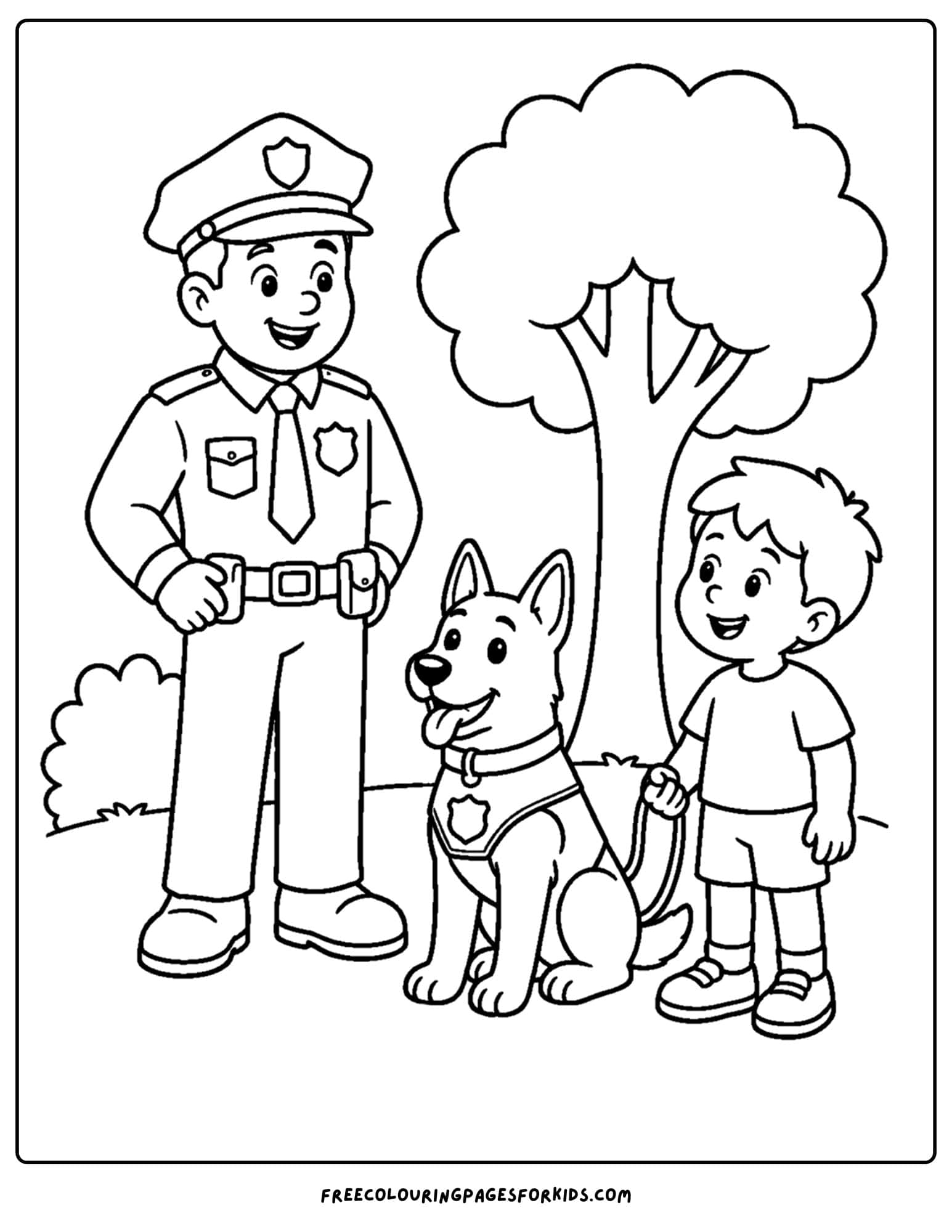 a coloring page of a police officer with a k9 dog unit