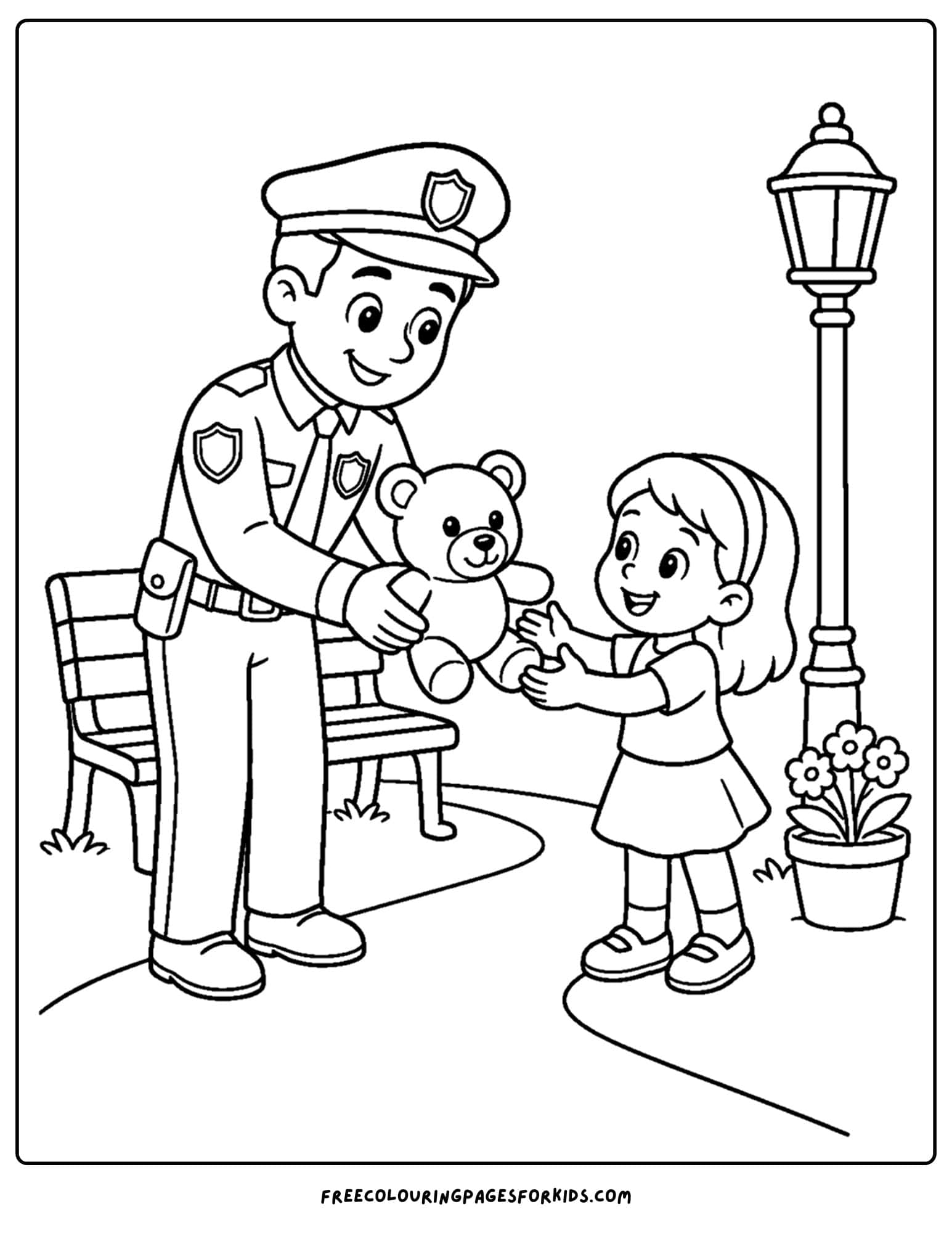 a coloring page of a police officer returning a lost teddy bear