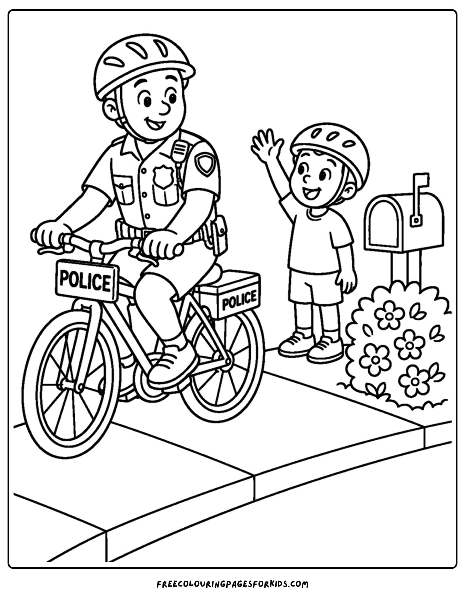 a coloring page of a police officer on patrol riding a bike