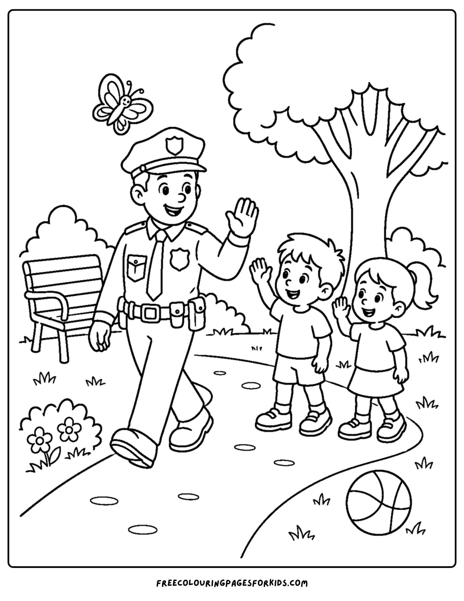 a coloring page of a police officer patrolling a park and waving to some children