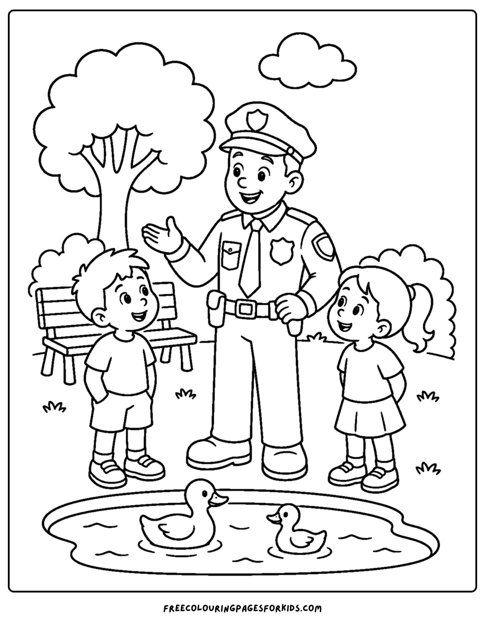 a coloring page of a police officer talking safety in the park