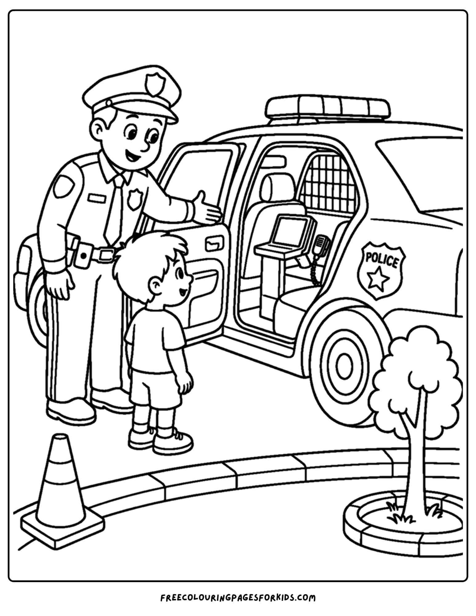 a coloring page of a police officer showing a kid inside a patrol car