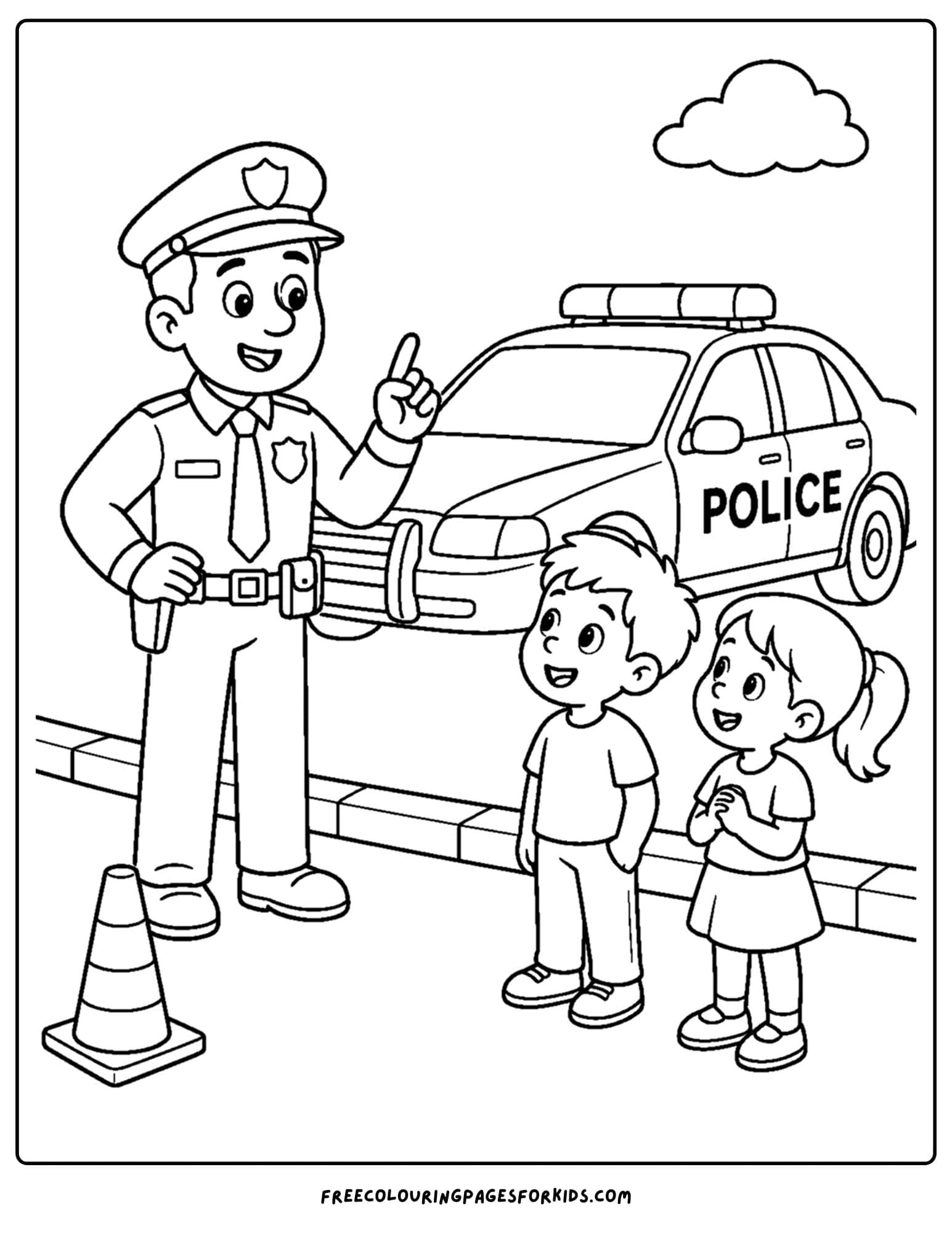 a coloring page of a police officer talking to children