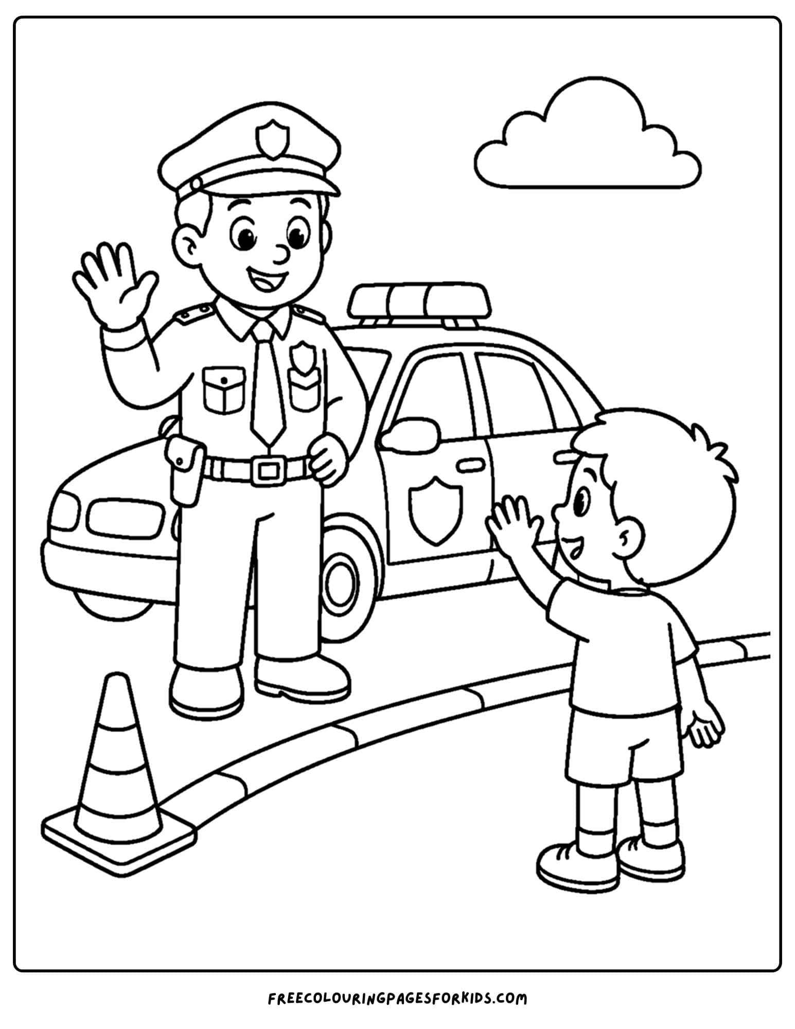 a coloring page of a police officer waving