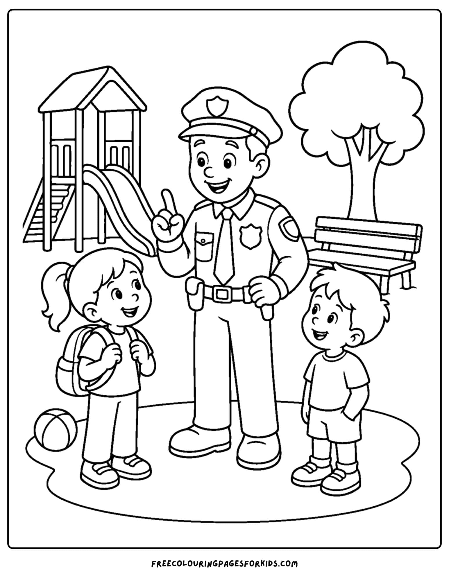 a coloring page of a police officer talking about playground safety