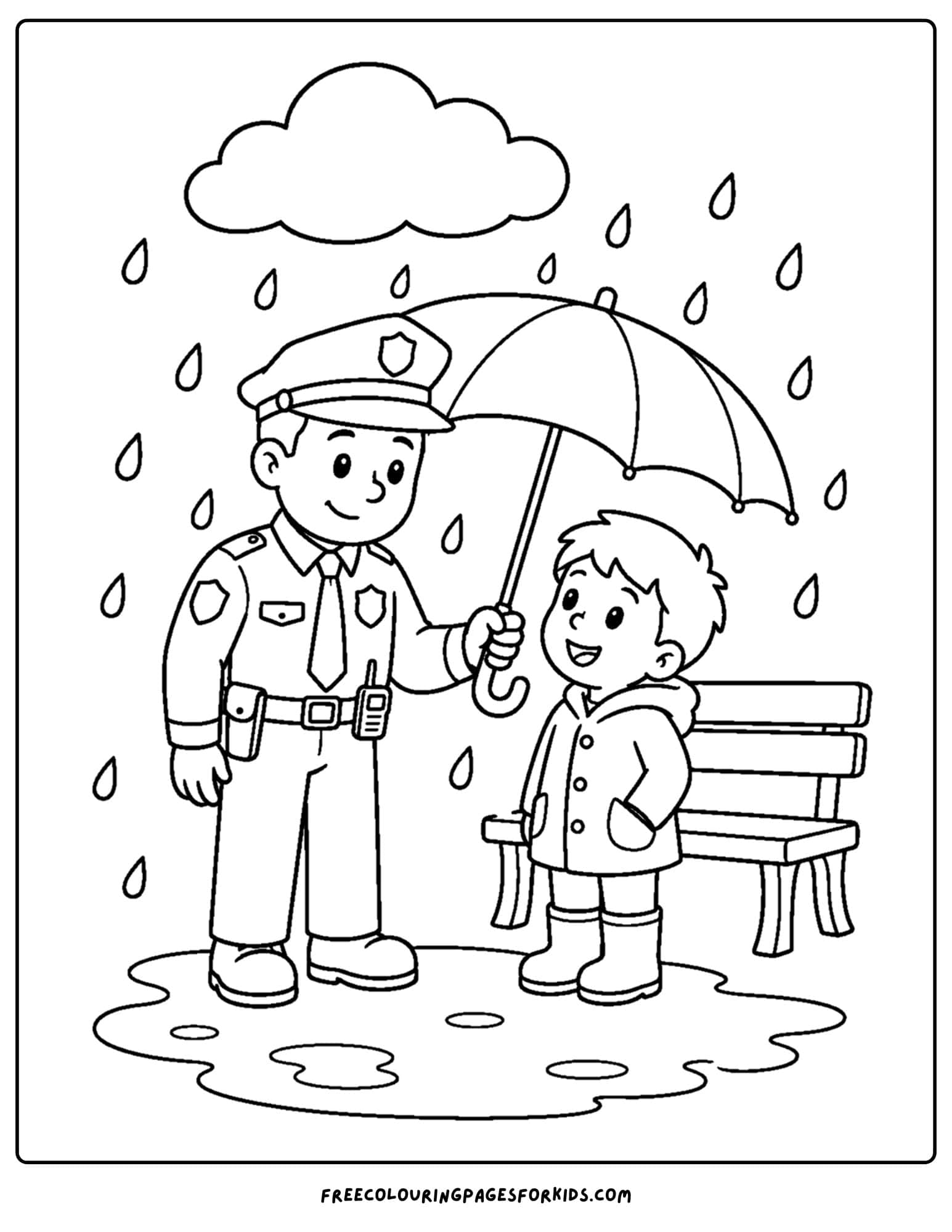 a coloring page of a police officer helping on a rainy day
