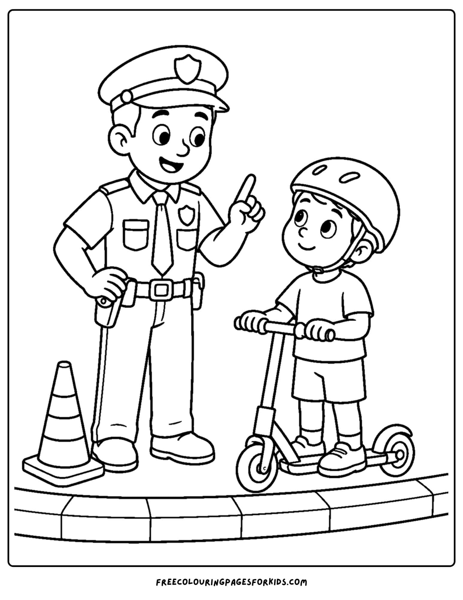 a coloring page of a police officer teaching road safety