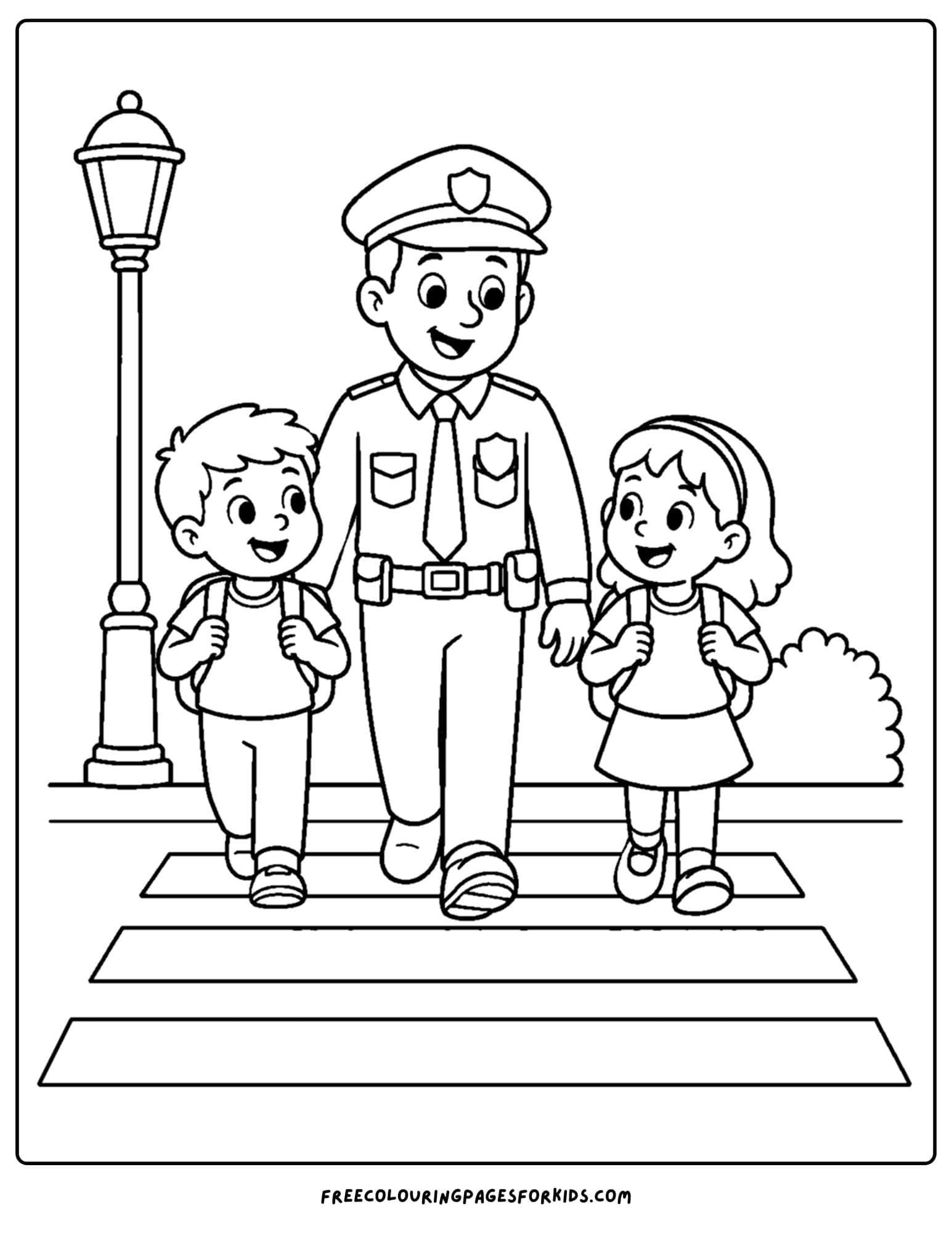 a coloring page of a police officer walking kids home from school