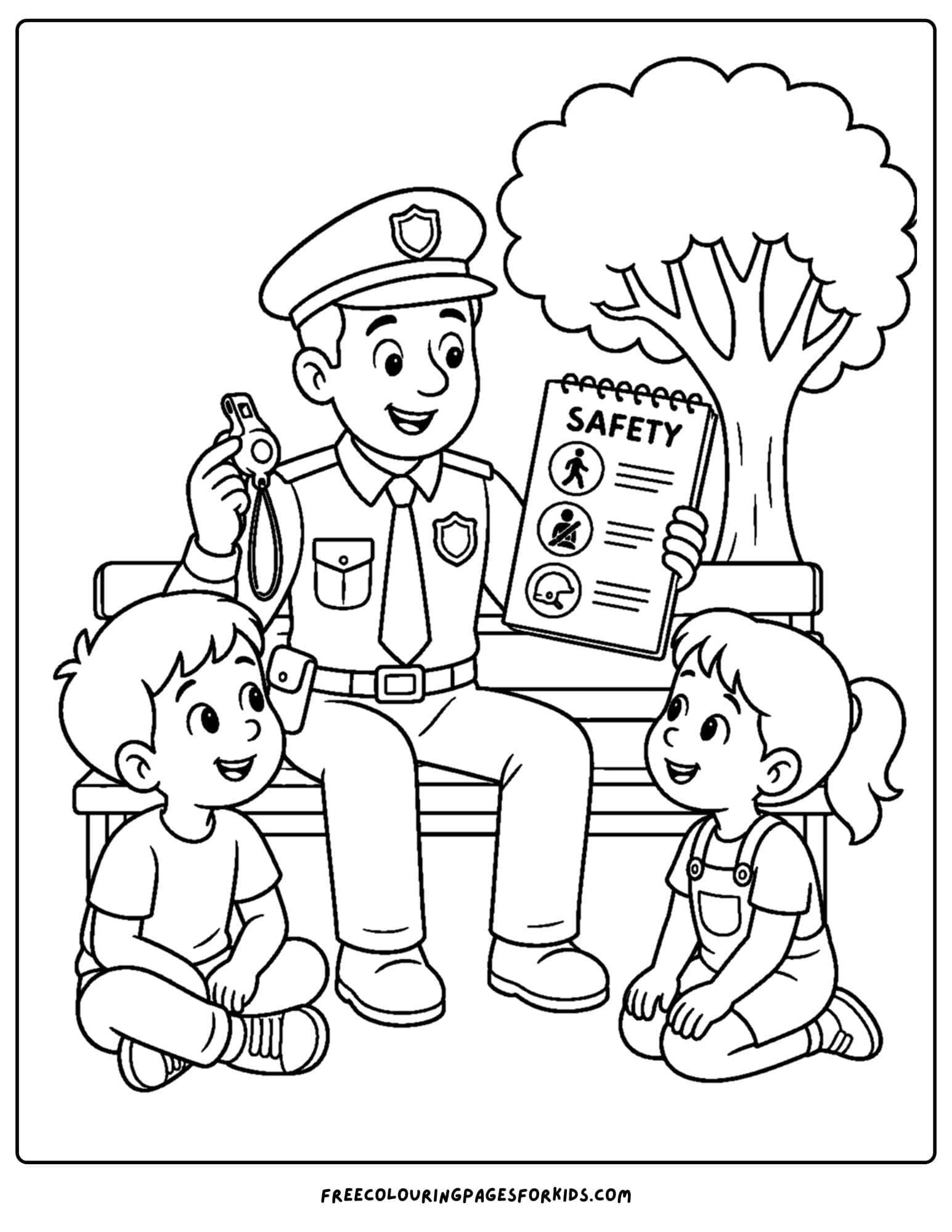 a coloring page of a police officer giving a safety lesson