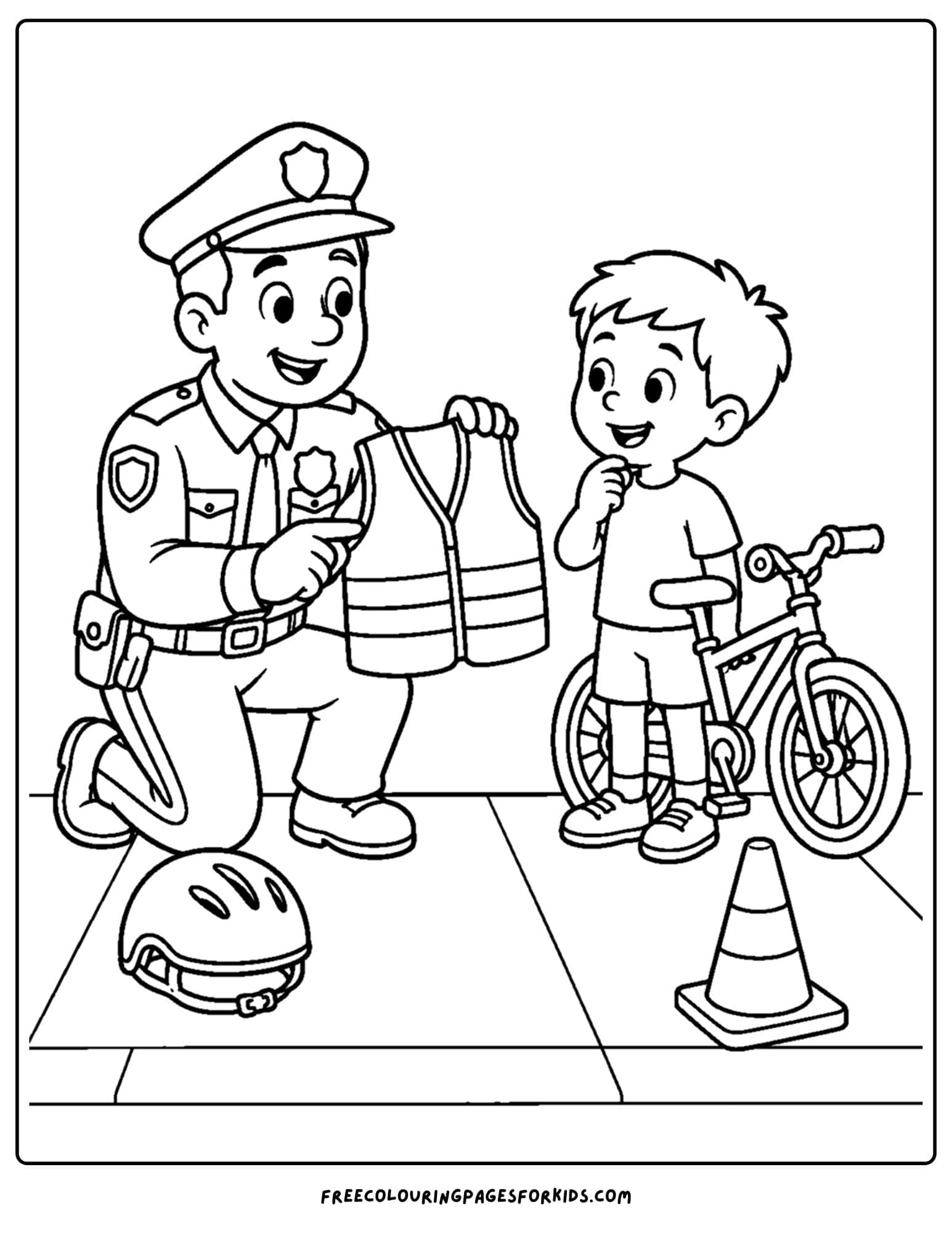 a coloring page of a police officer showing a child a safety vest