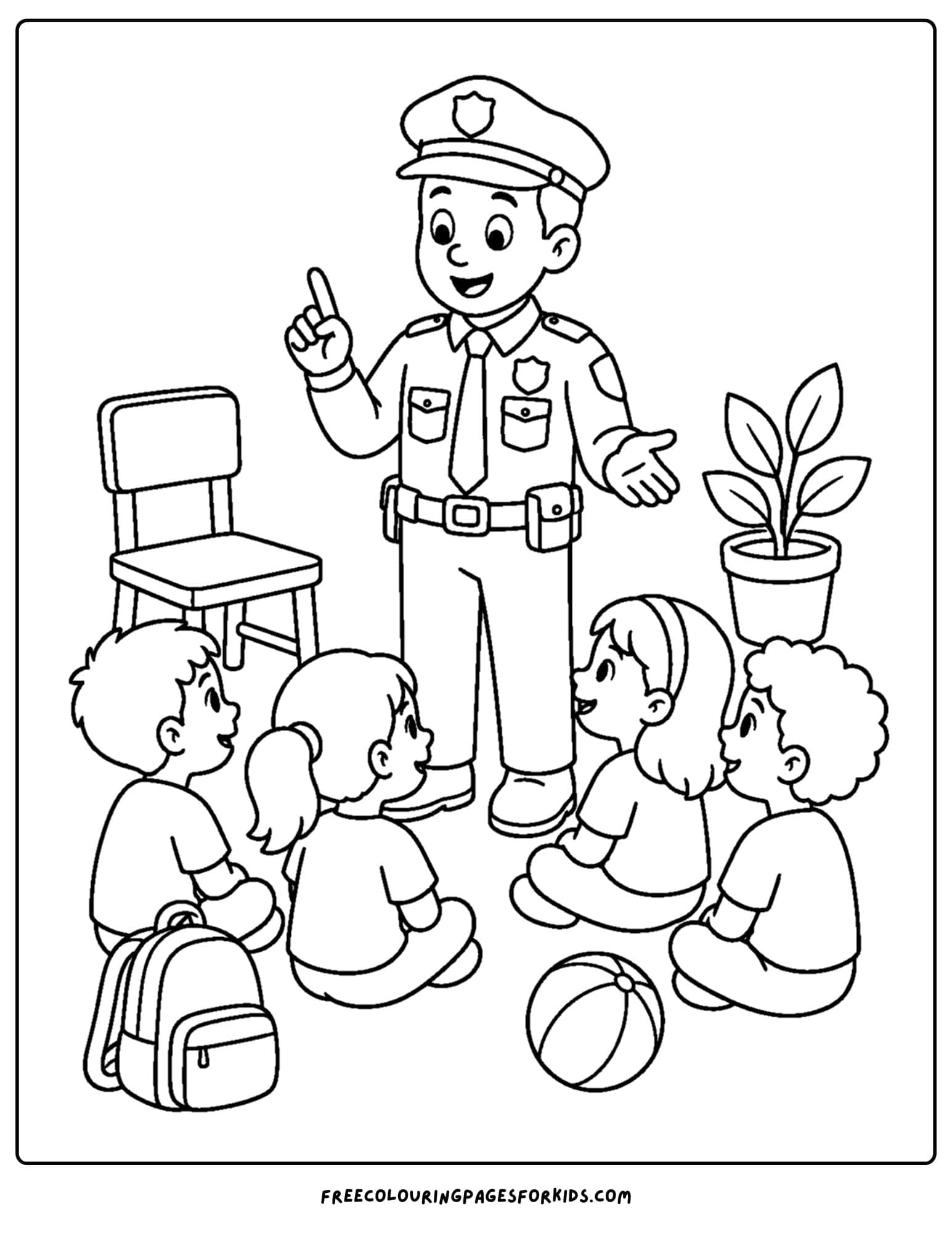 a coloring page of a police officer giving a talk of safety