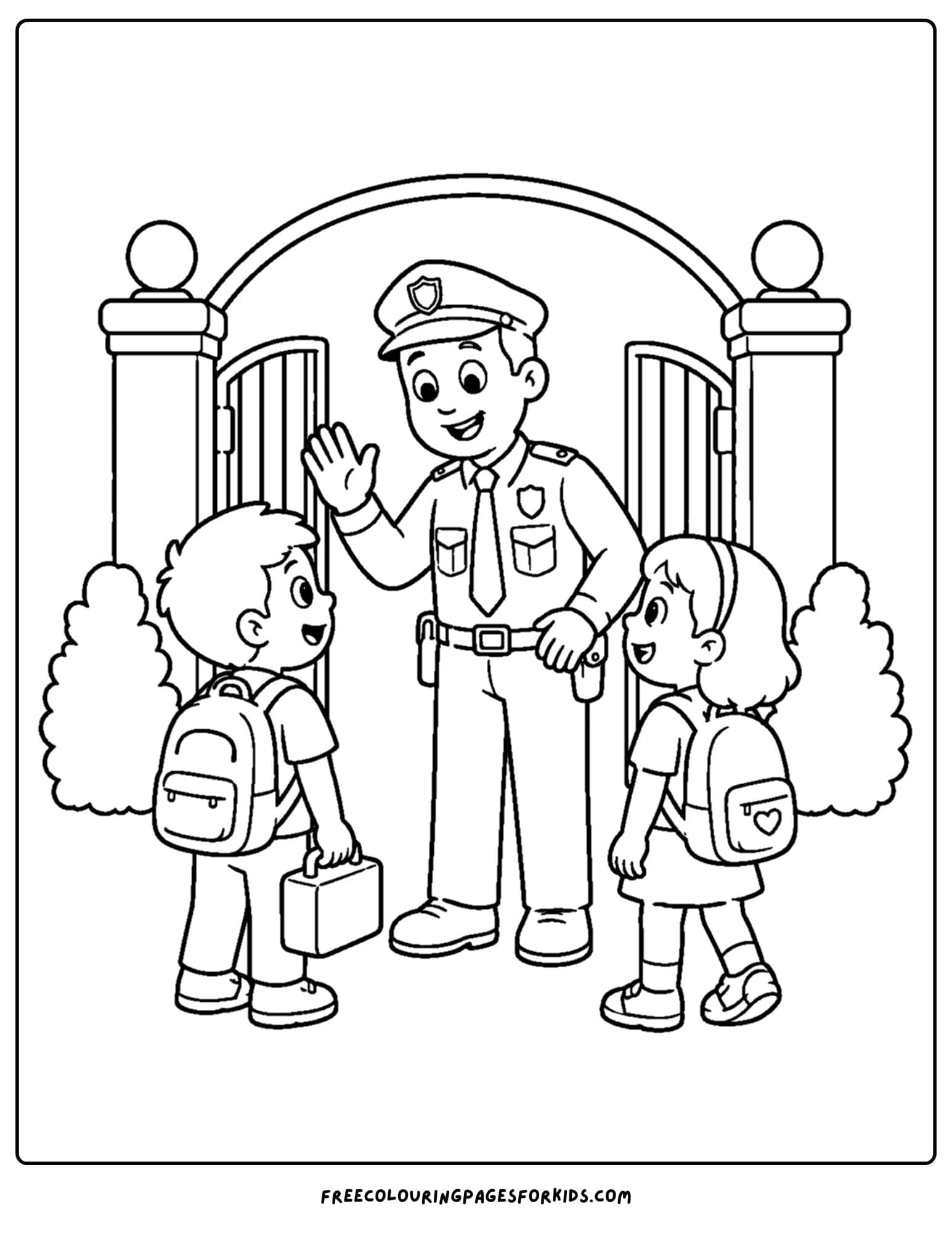 a coloring page of a police officer greeting kids at the school gate