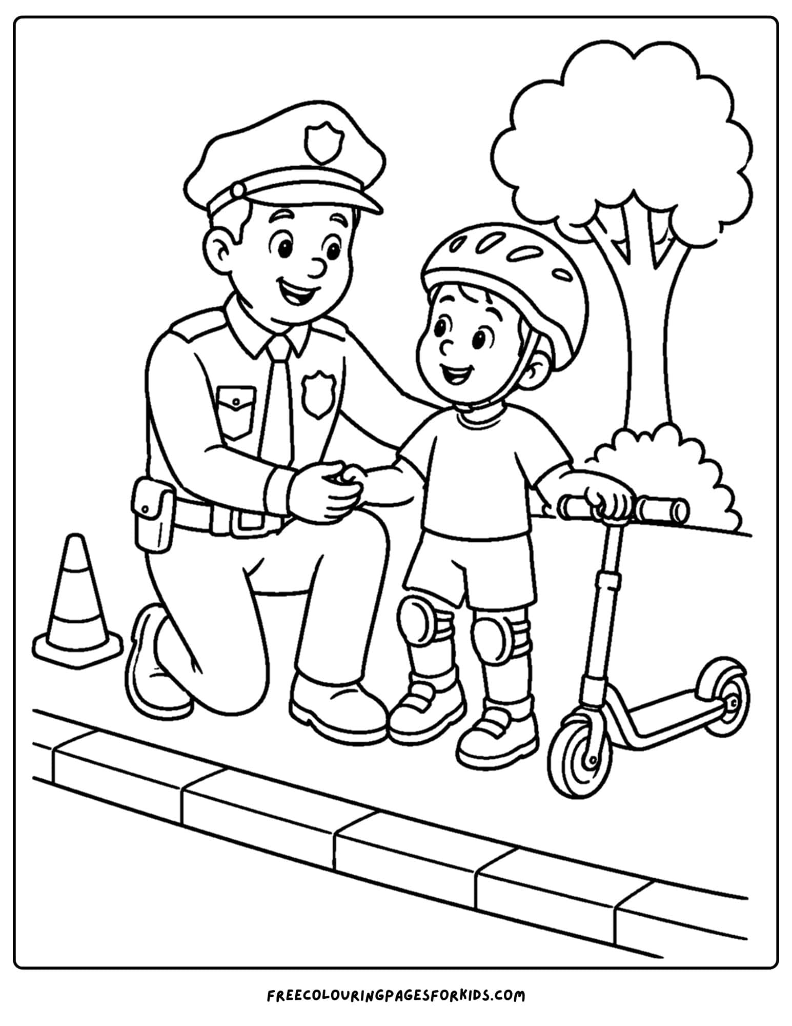 a coloring page of a police officer helping a child with their scooter