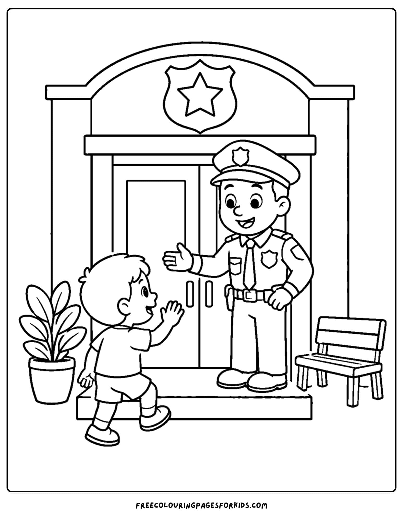 a coloring page of a police officer welcome a child at the station