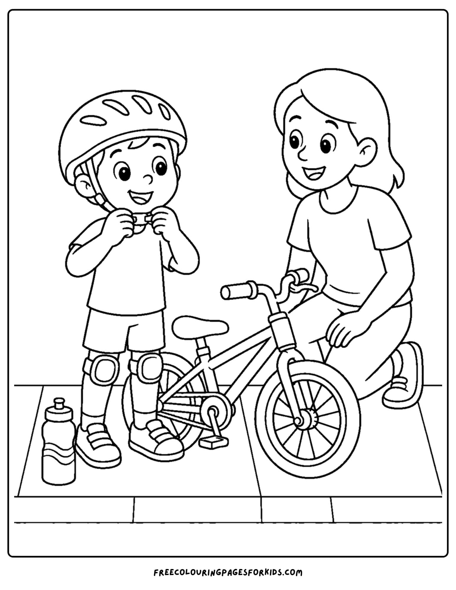 Child safety coloring page shows child putting on helmet before riding bicycle