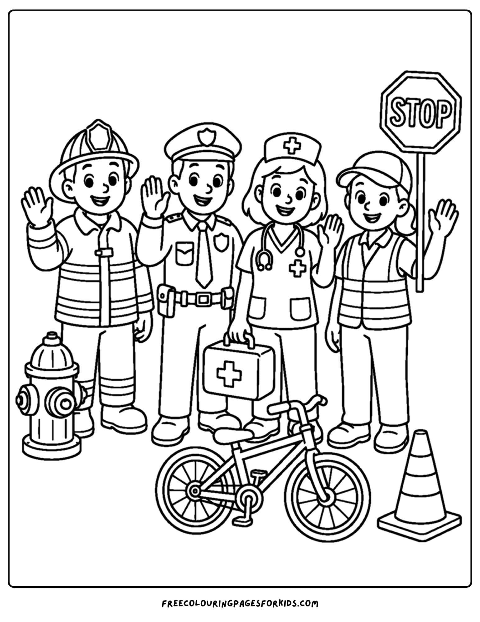 Child safety coloring page showing a group of community helpers such as firefighters, nurses and more