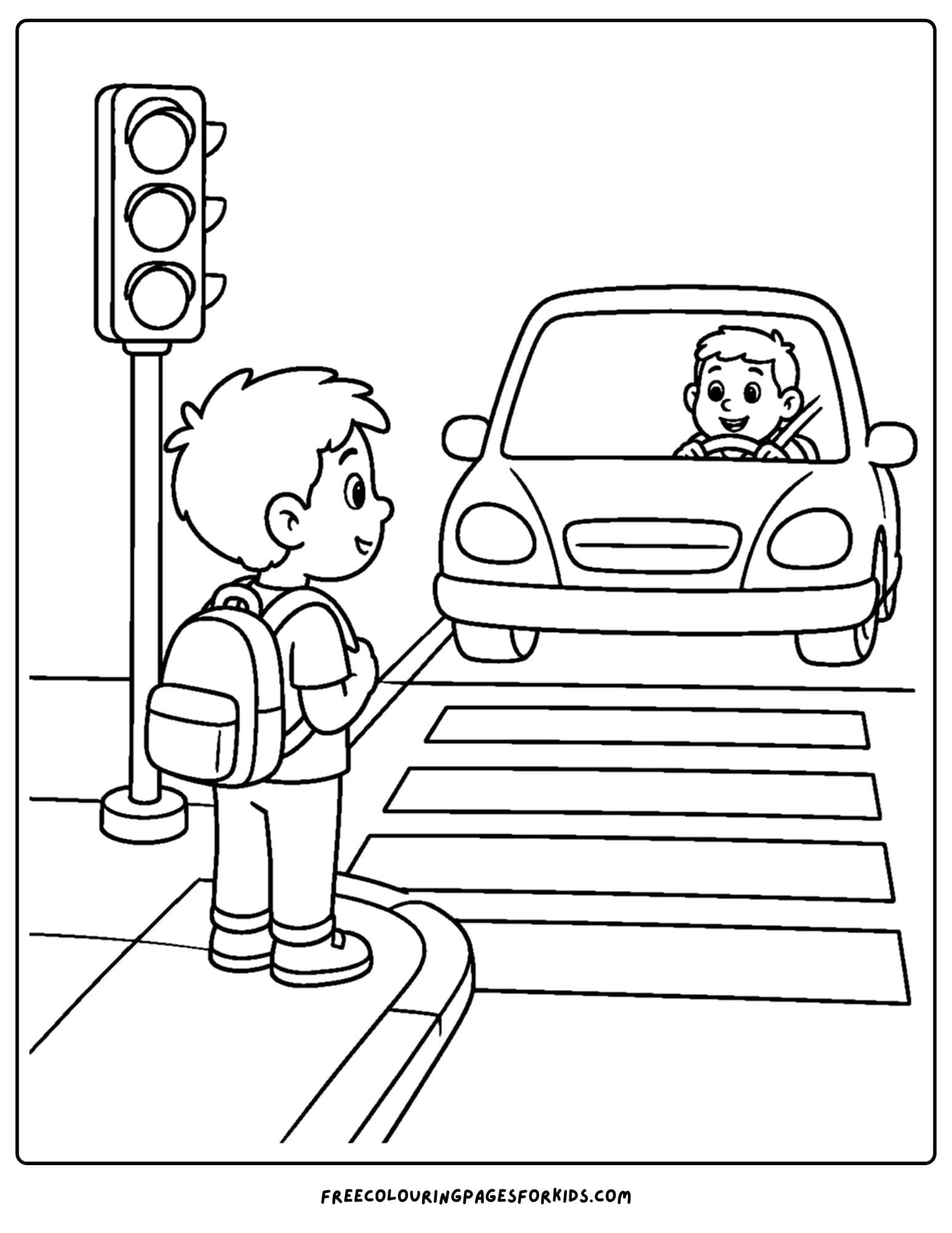 Child safety coloring page shows child stopping before crossing the road