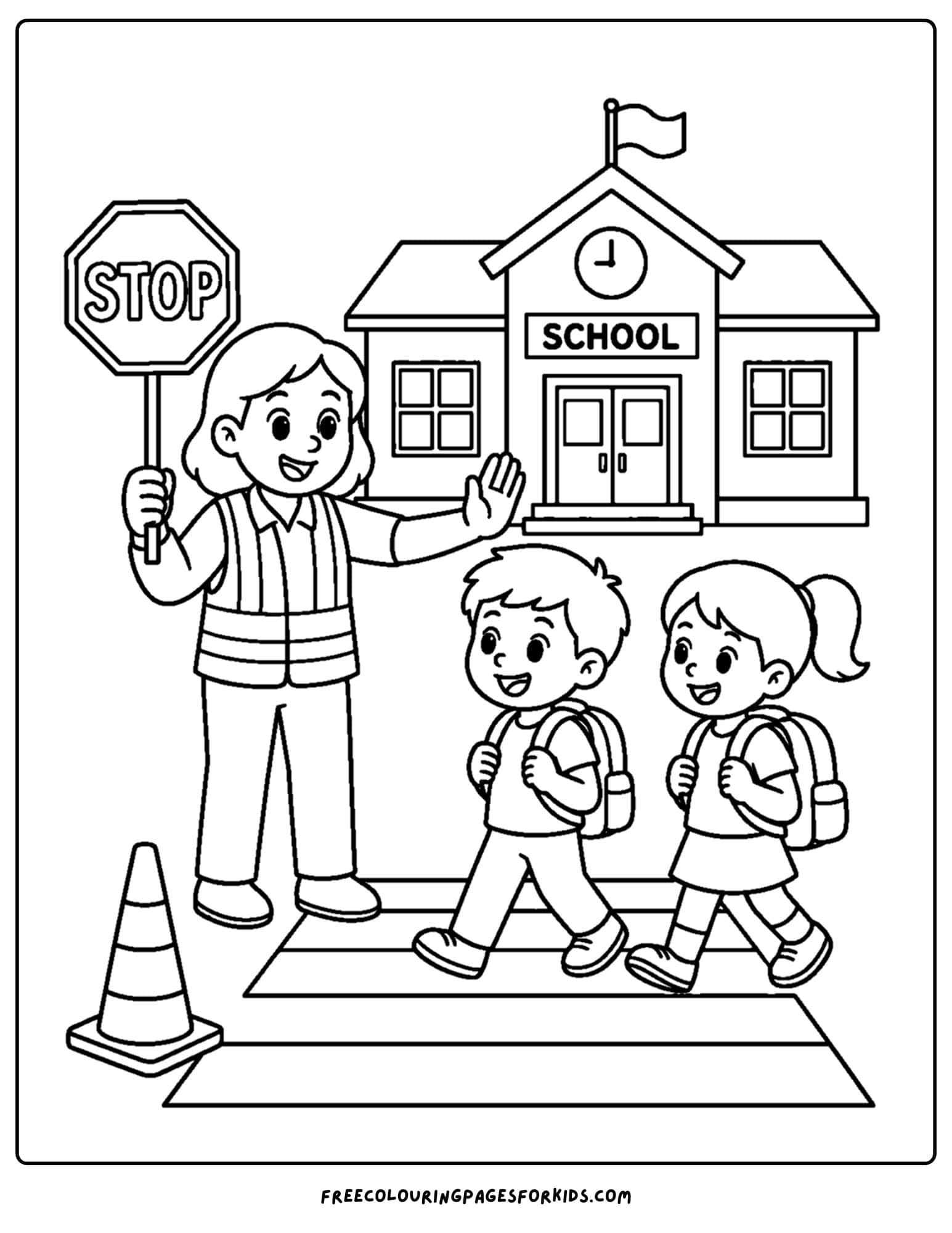 Child safety coloring page shows crosswalk guard guiding children at school