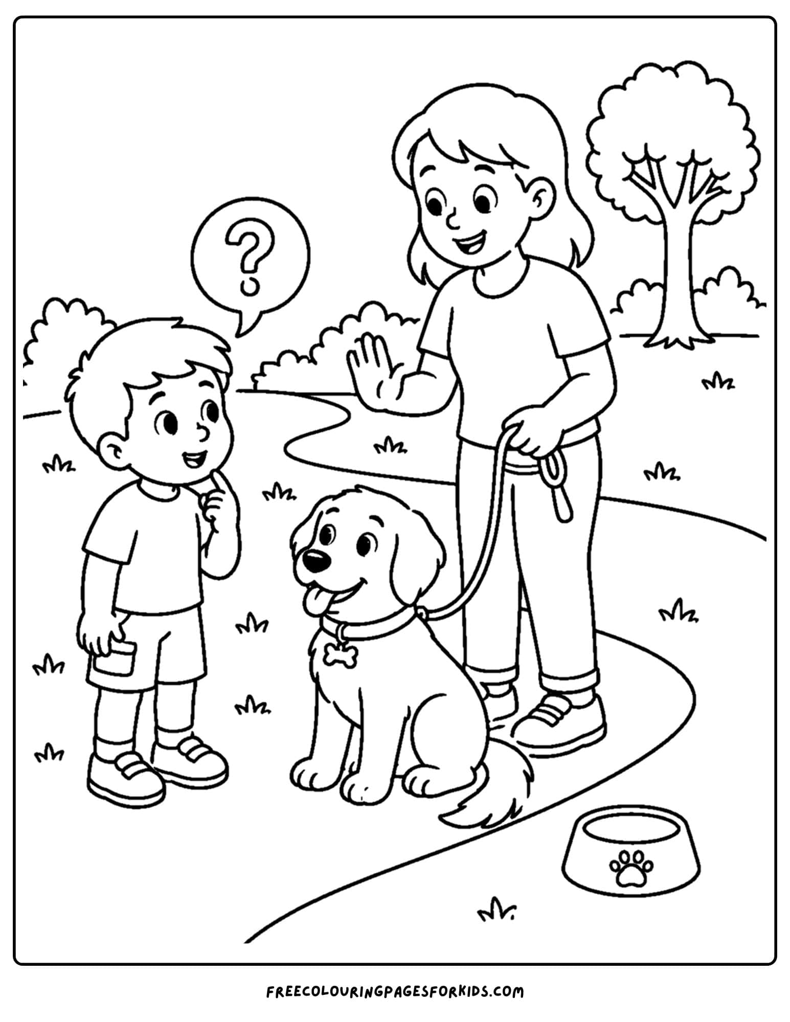 Child safety coloring page shows how to safely greet dogs in the park