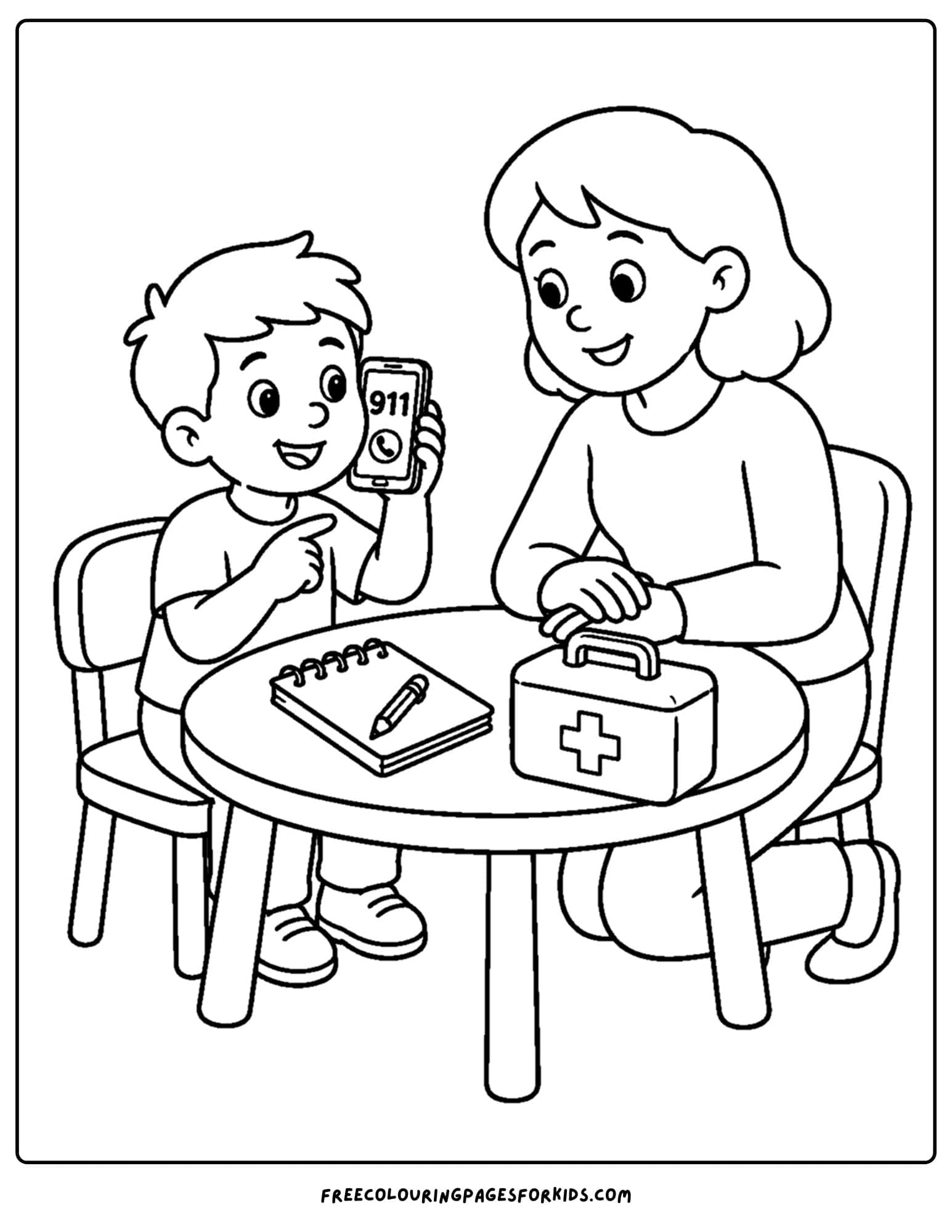 Child safety coloring page shows parents teaching children how to ask for help