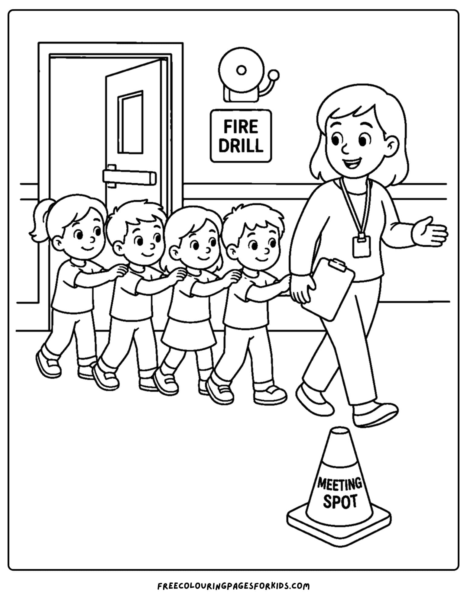 Child safety coloring page showing fire safety drill in school
