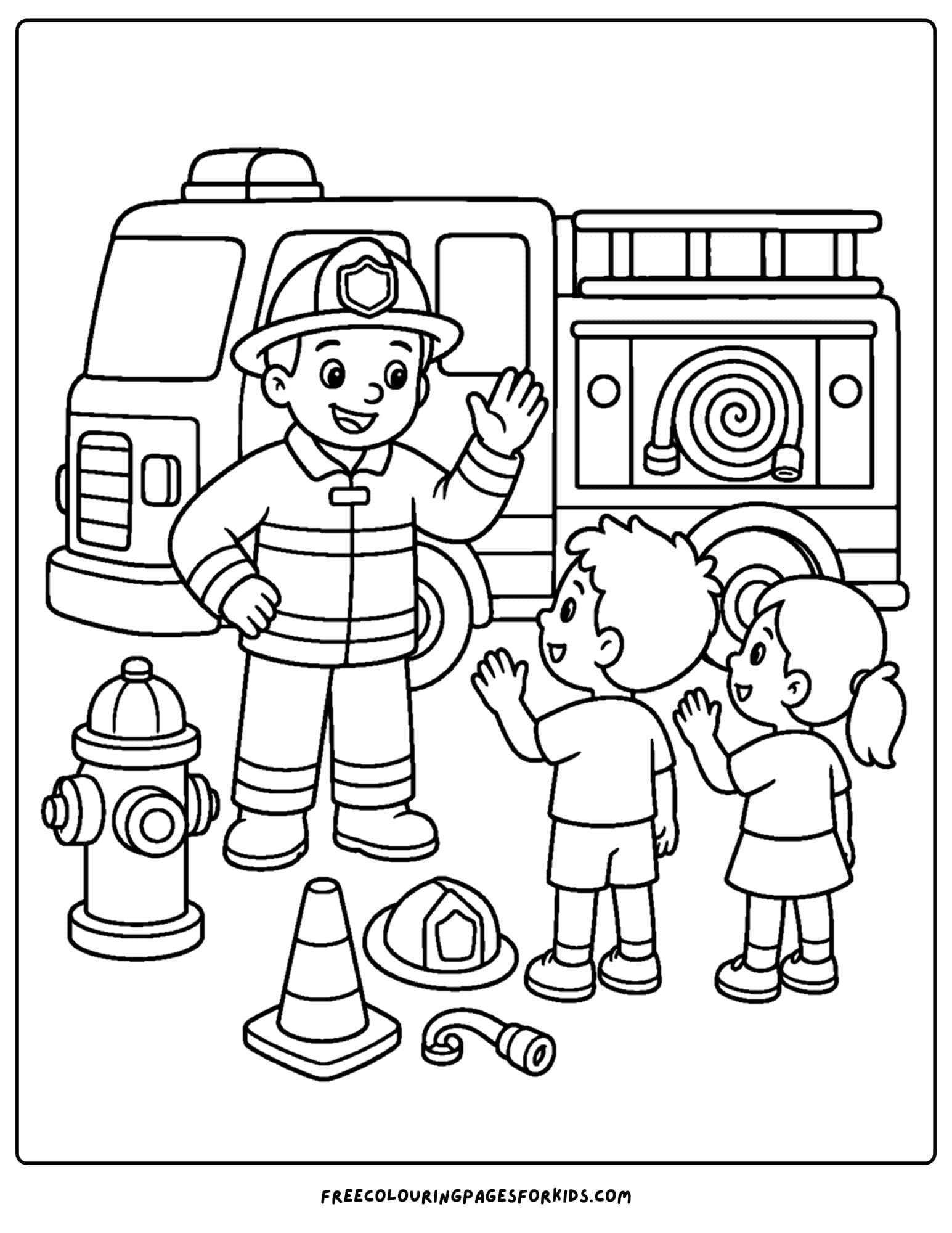 Children's safety coloring page shows firefighters teaching fire safety