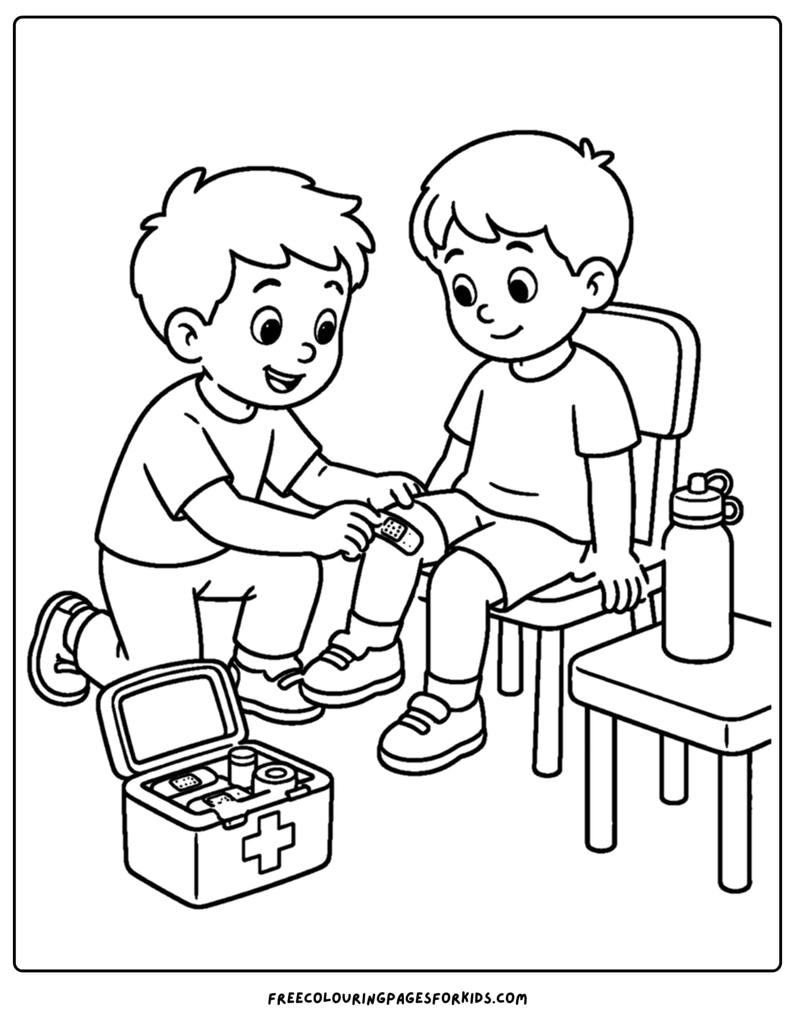 Child safety coloring page showing first aid skills