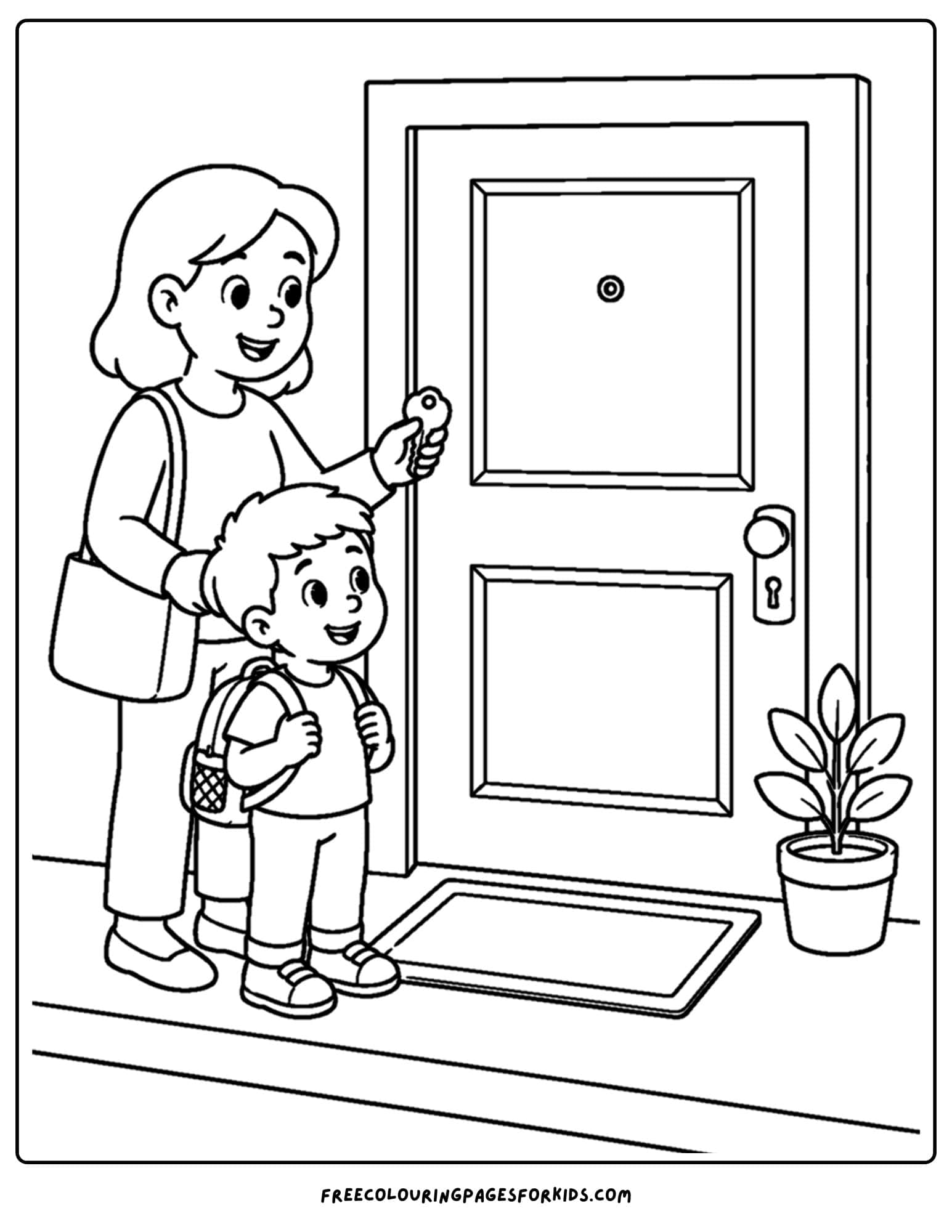Child safety coloring page showing need to lock doors