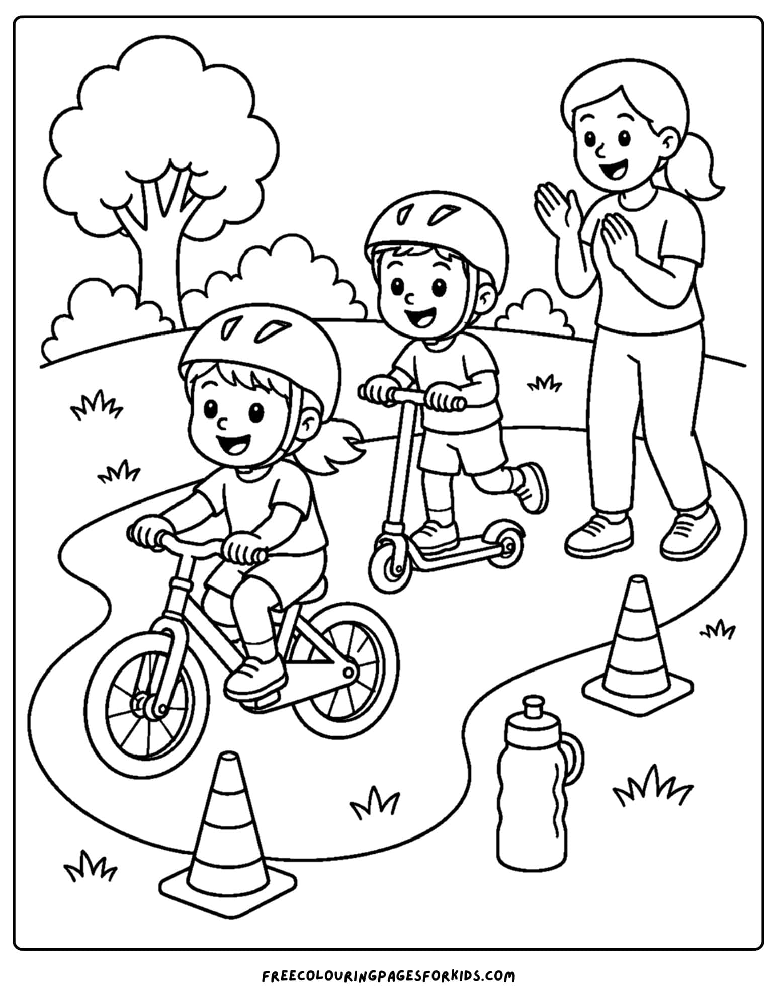 Child safety coloring page shows children wearing helmets while riding scooters