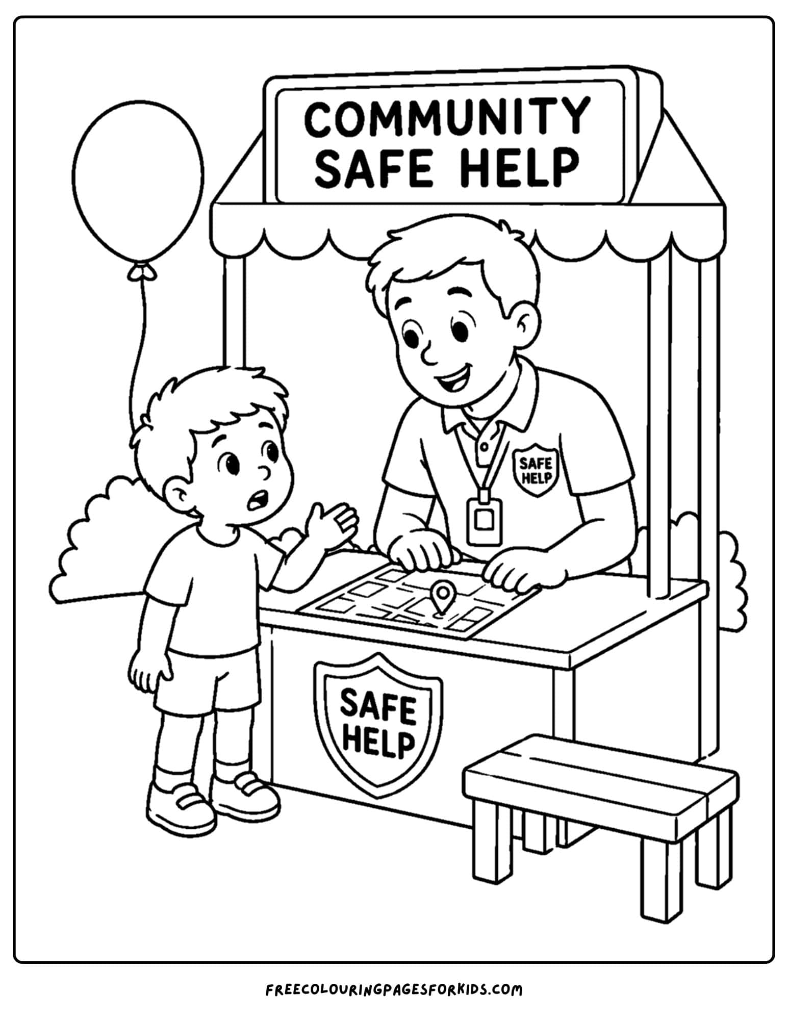 Child safety coloring page showing help kiosk for children to learn more about community safety