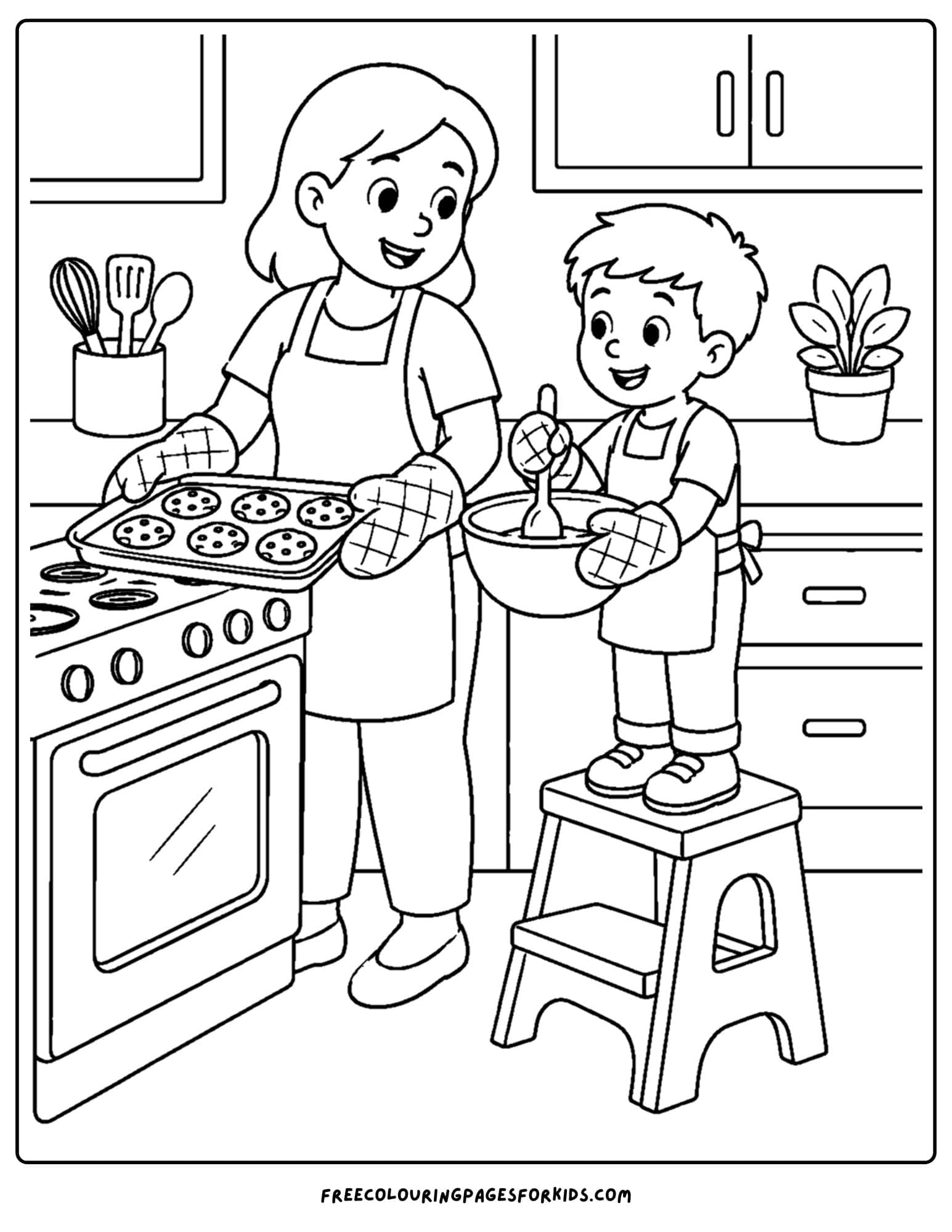 Child safety coloring page showing safety when handling hot items in the kitchen