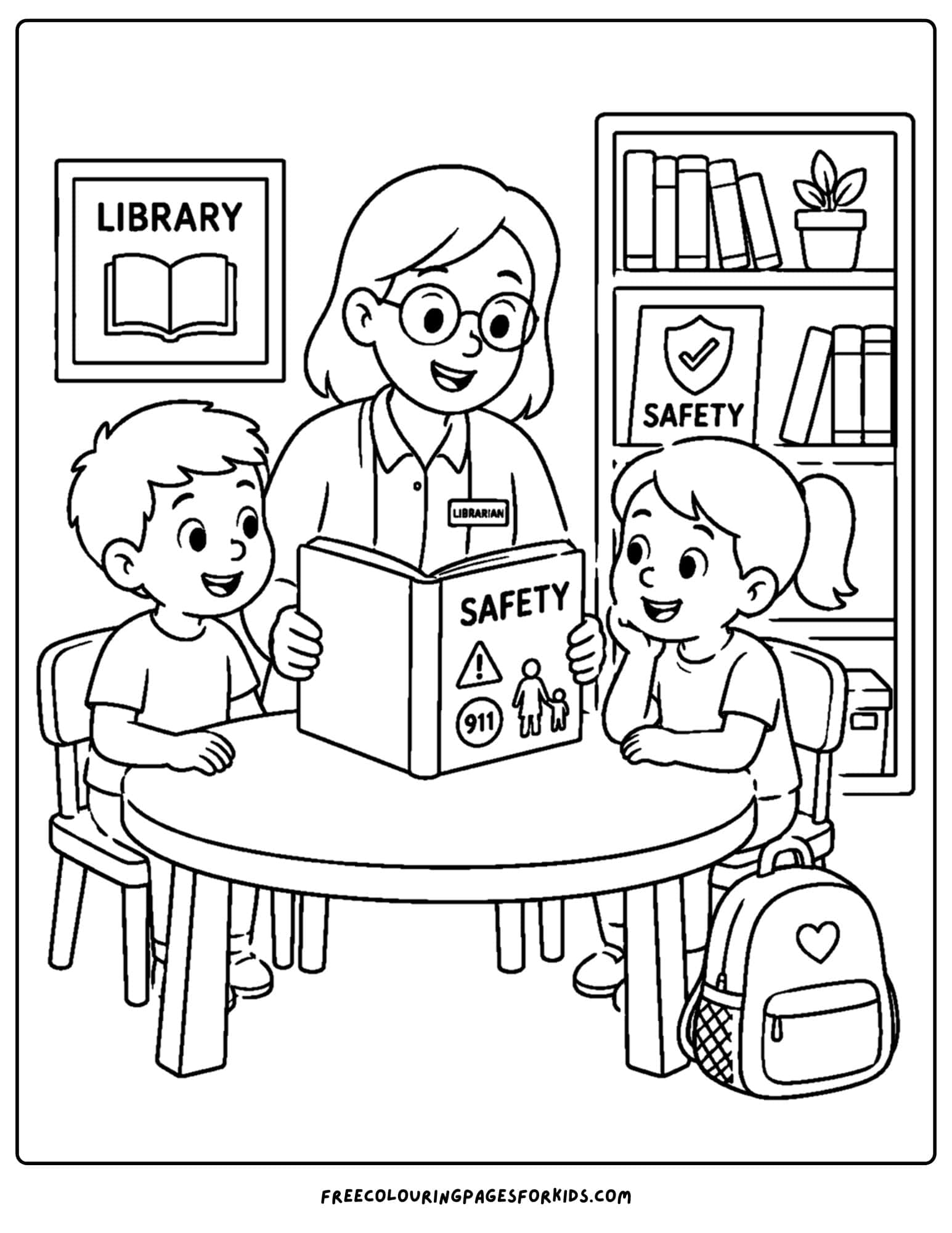Child safety coloring page shows librarian teaching safety to children