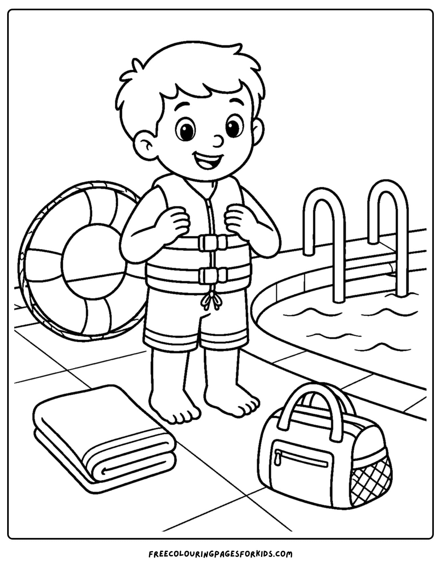 Child safety coloring page showing how to wear a life jacket in the water