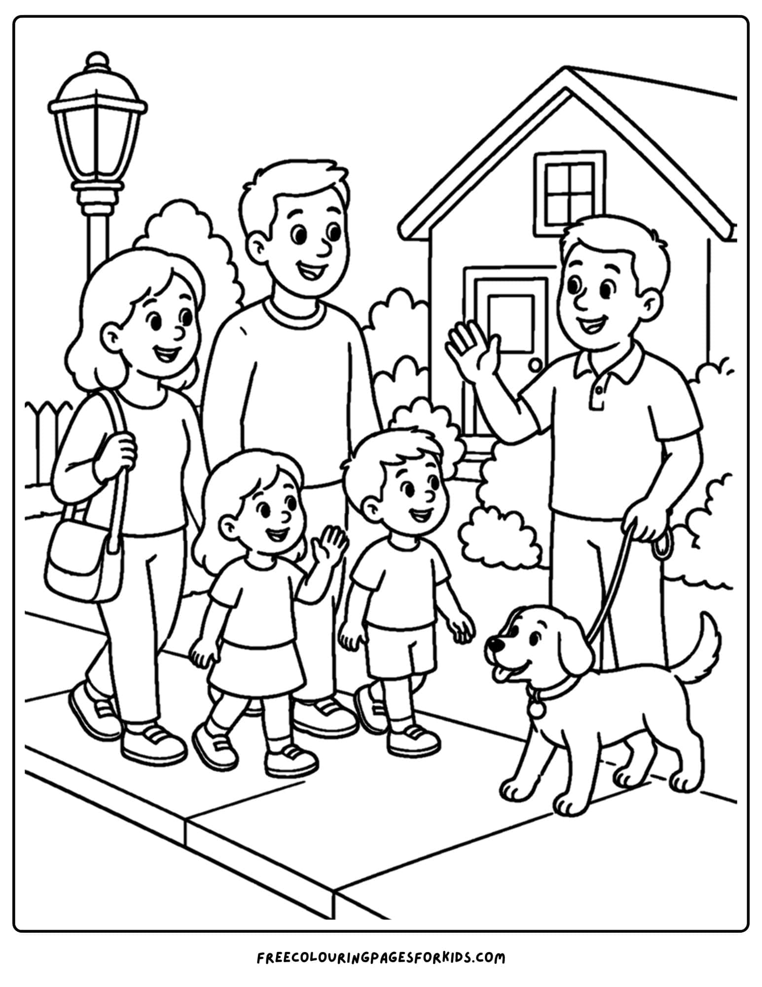 Child safe coloring page display. It is safe for families to take a walk in the neighborhood