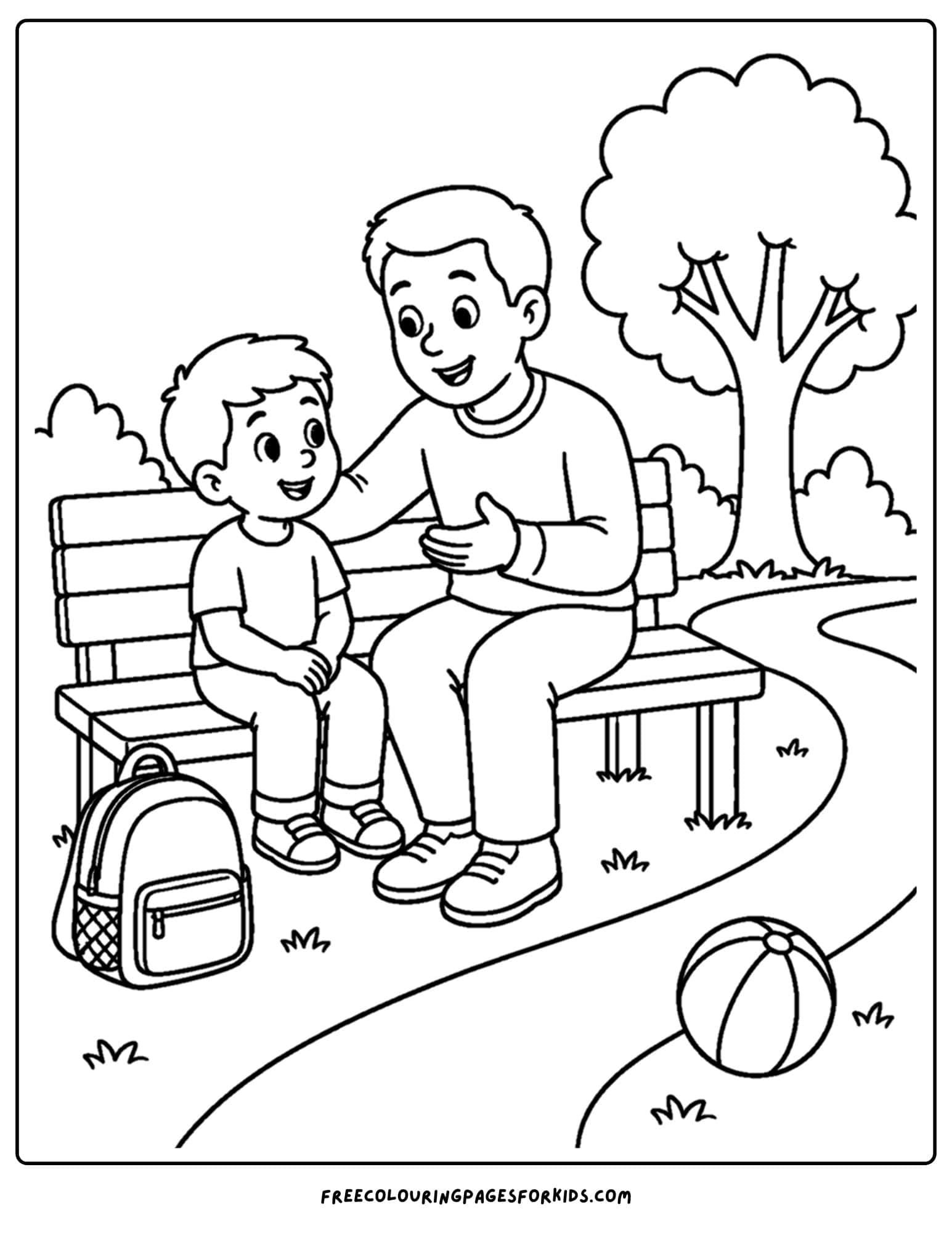 Child safety coloring page shows parents talking to children on park bench