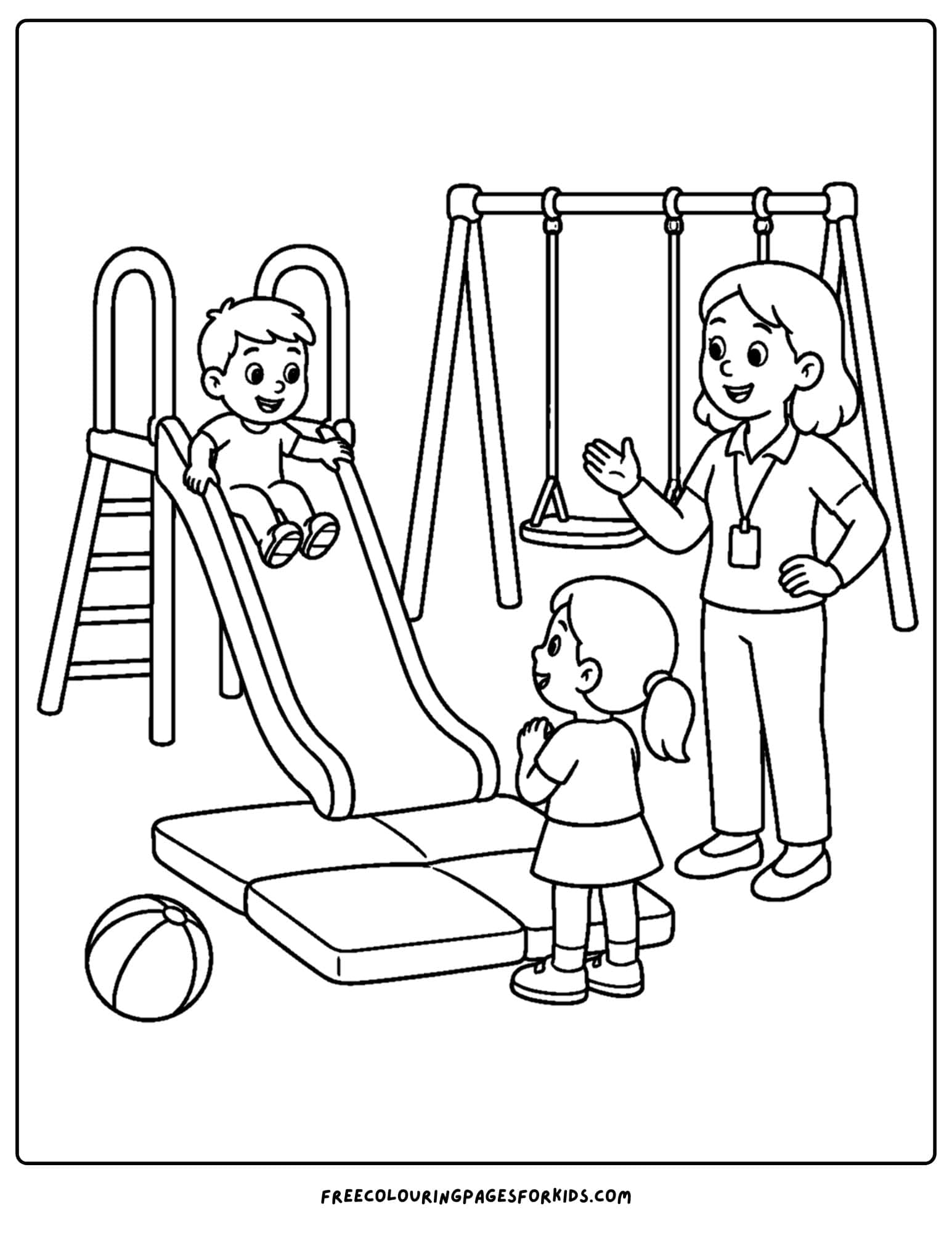 Child safety coloring page showing how to take turns on the playground