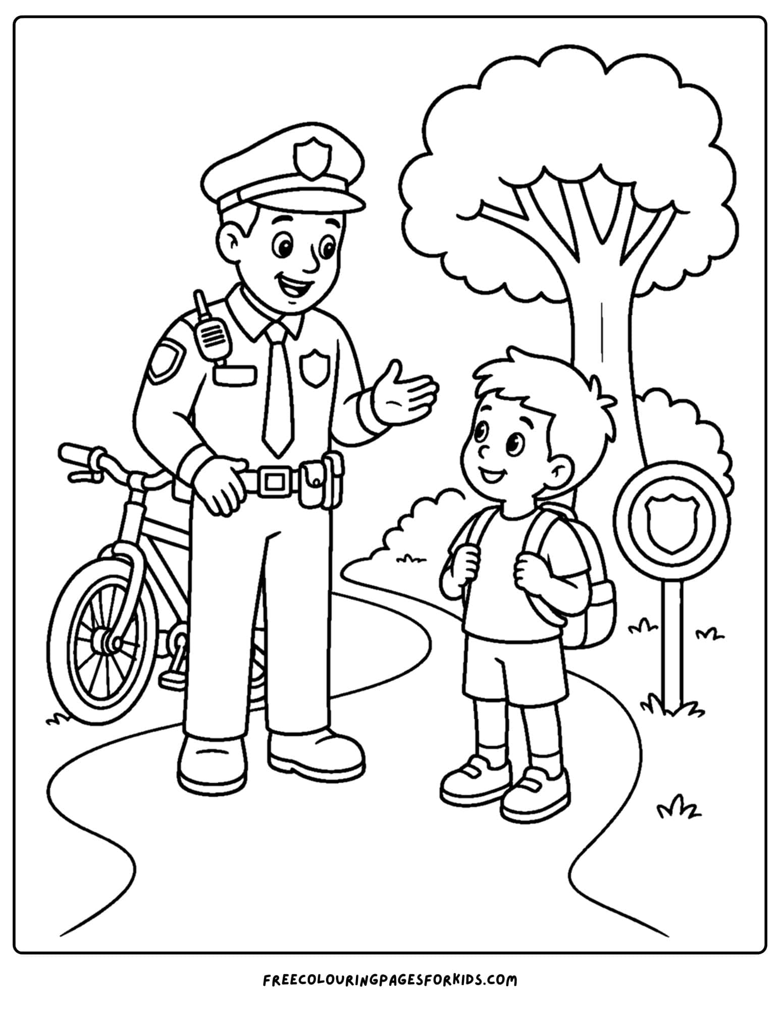 Child safety coloring page shows a police officer talking to children