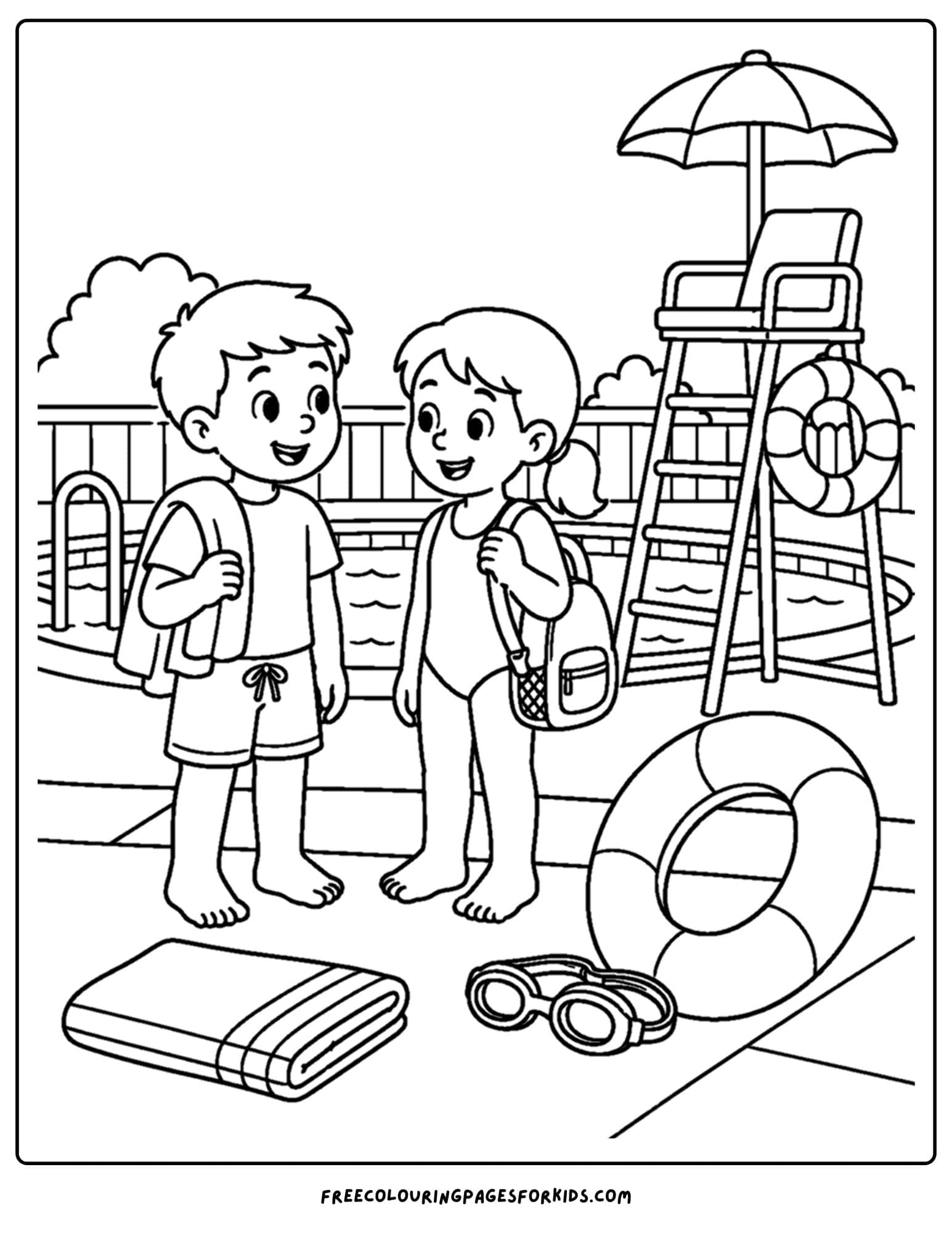 Child safety coloring page shows children taking care of each other in swimming pool