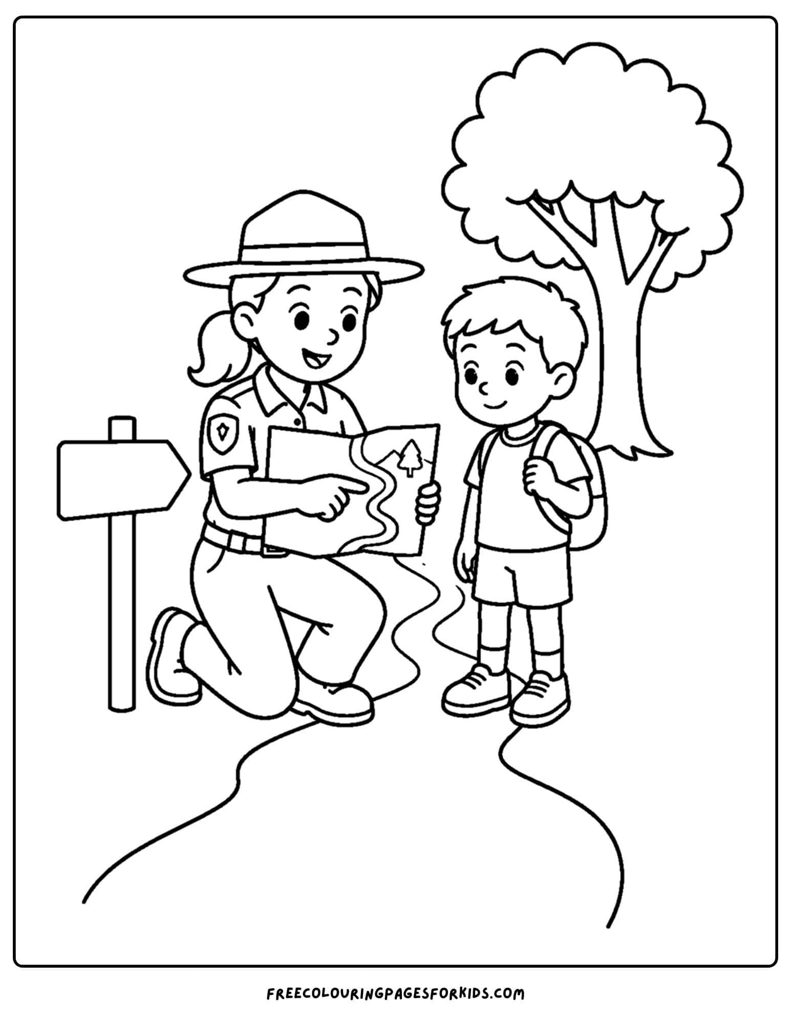 Child-safe coloring page shows ranger teaching children how to read maps