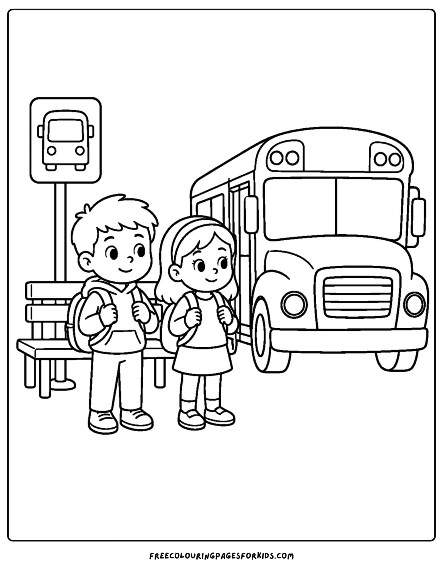 Child safety coloring page showing safety at school bus stop