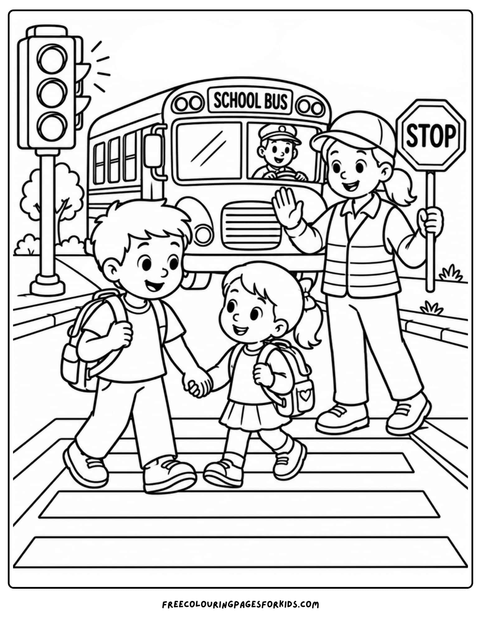 Child safety coloring page showing how to use cross guard to cross the road