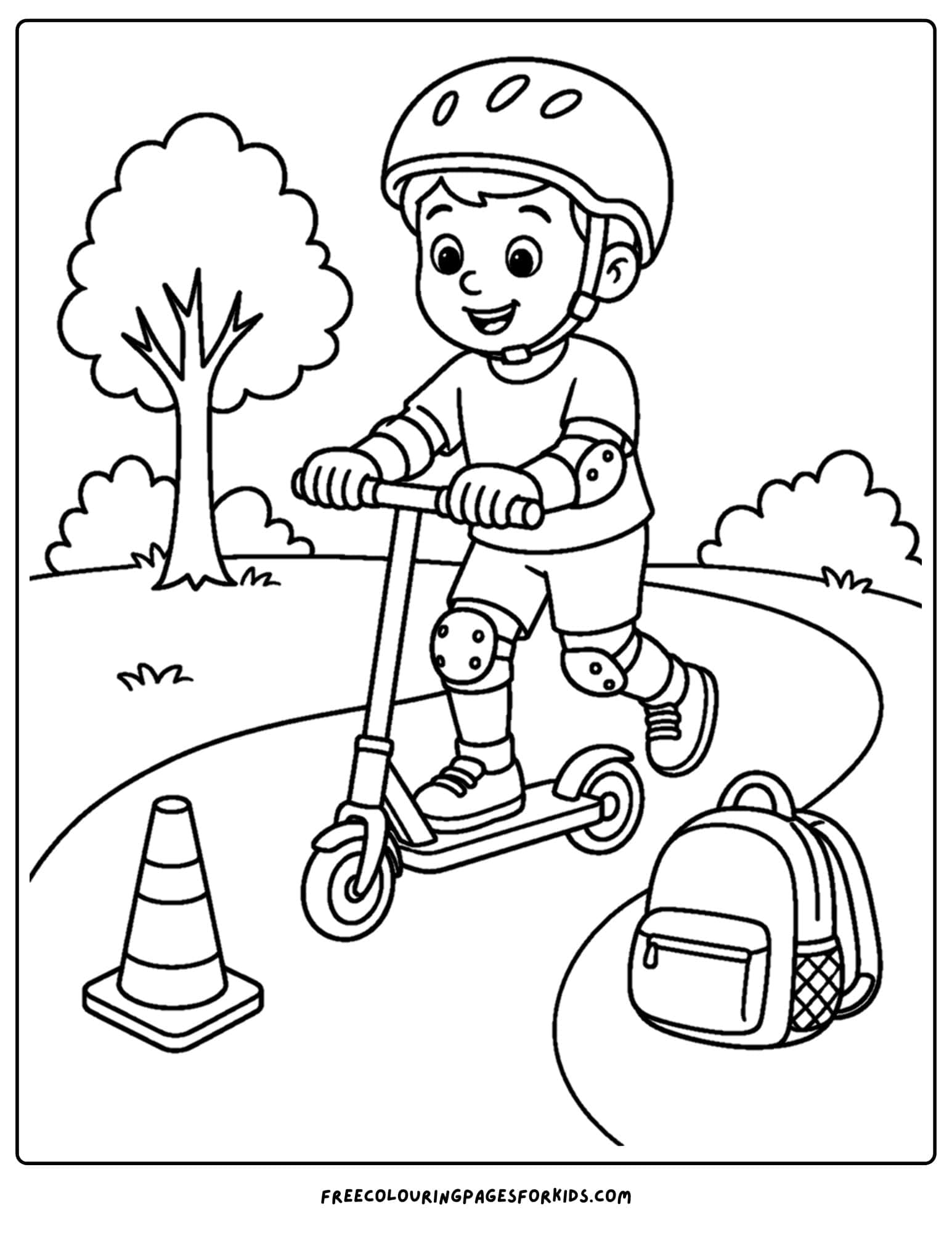 Child safety coloring page shows child wearing safety gear while riding scooter