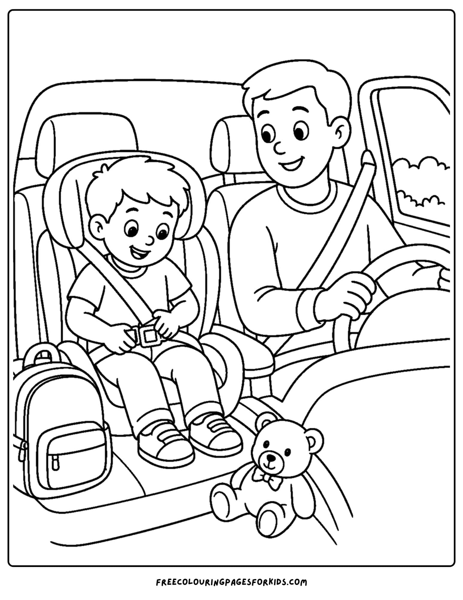 Child safety coloring page showing how to wear a seat belt safely